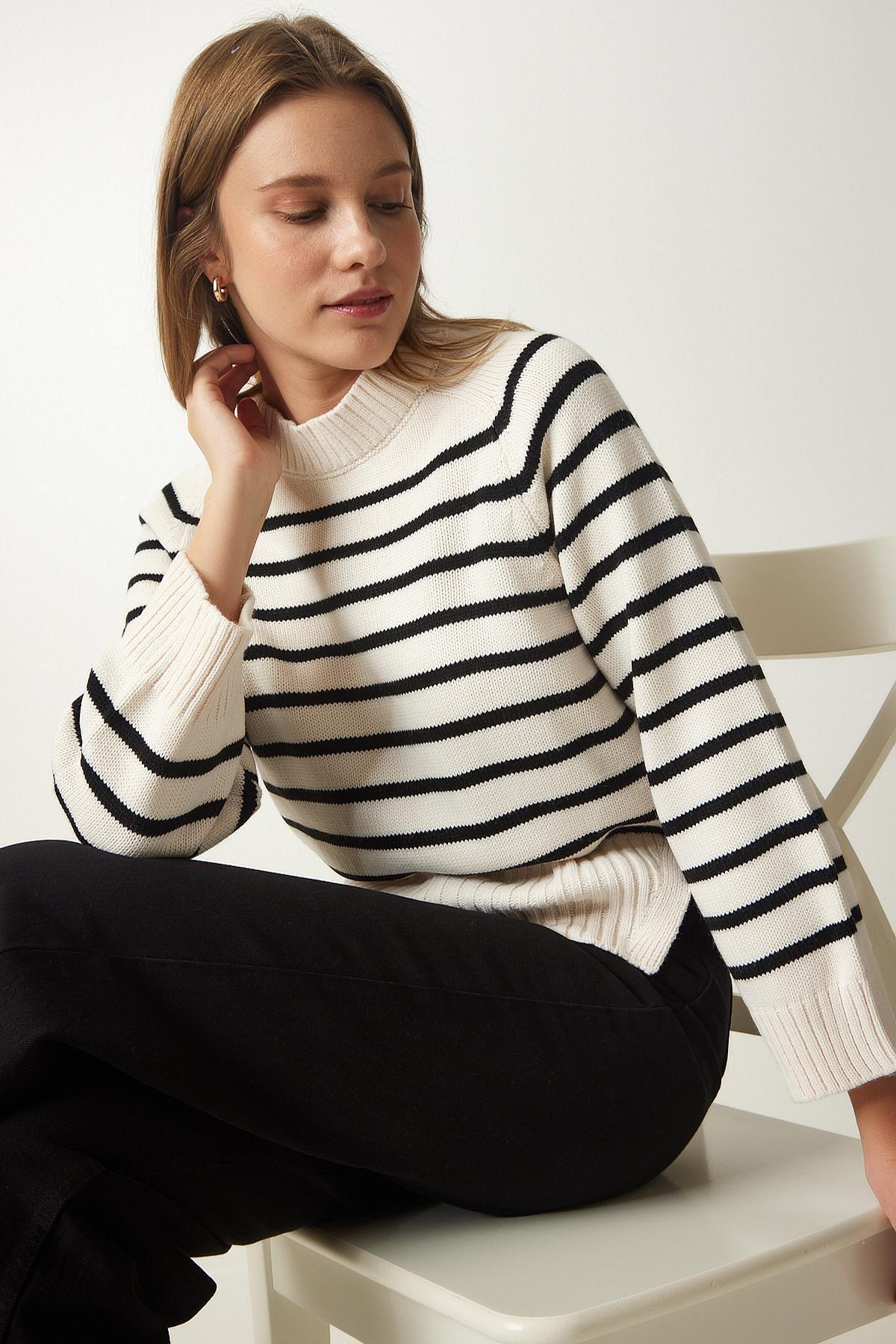 Cream Striped Knitwear Sweater, Cream, large image number 0