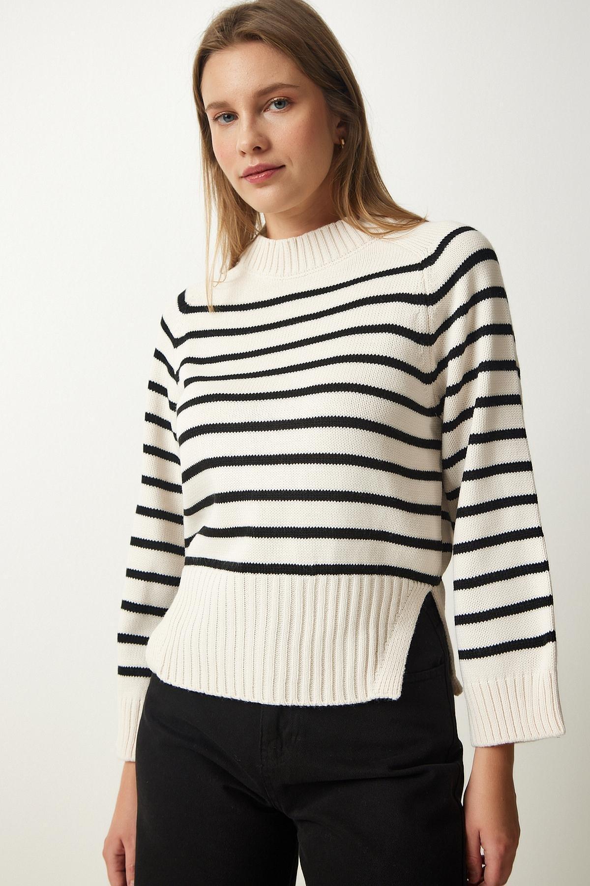 Cream Striped Knitwear Sweater, Cream, large image number 1