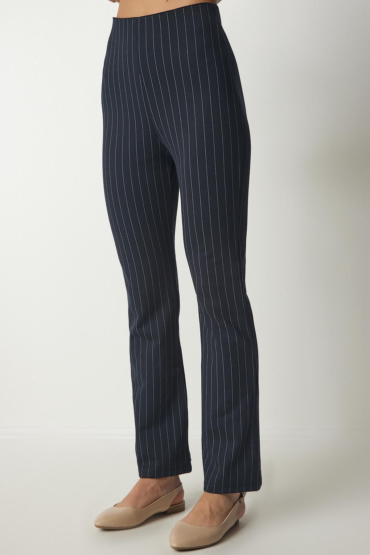 Navy Striped Casual Pants, Navy blue, large image number 3