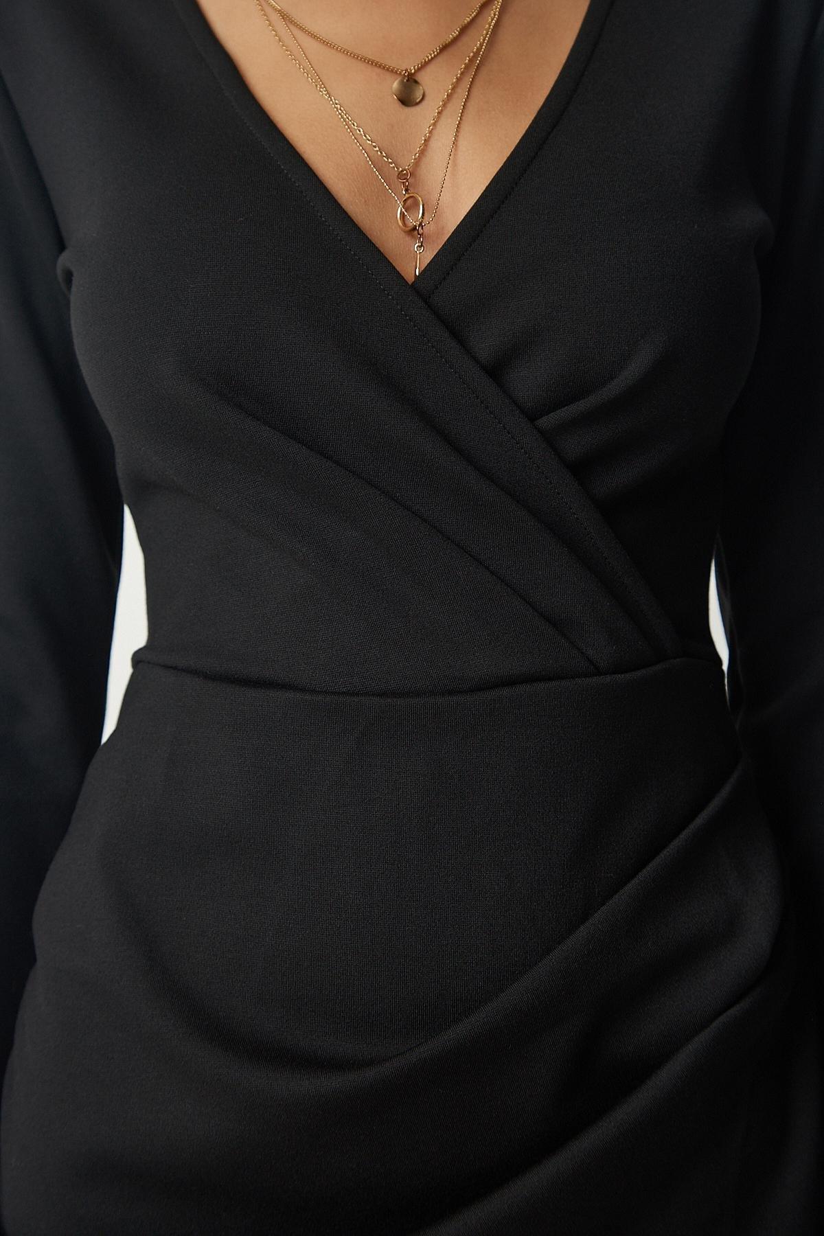 Black Wrapped Collar Elegant Woven Dress, , large image number 2
