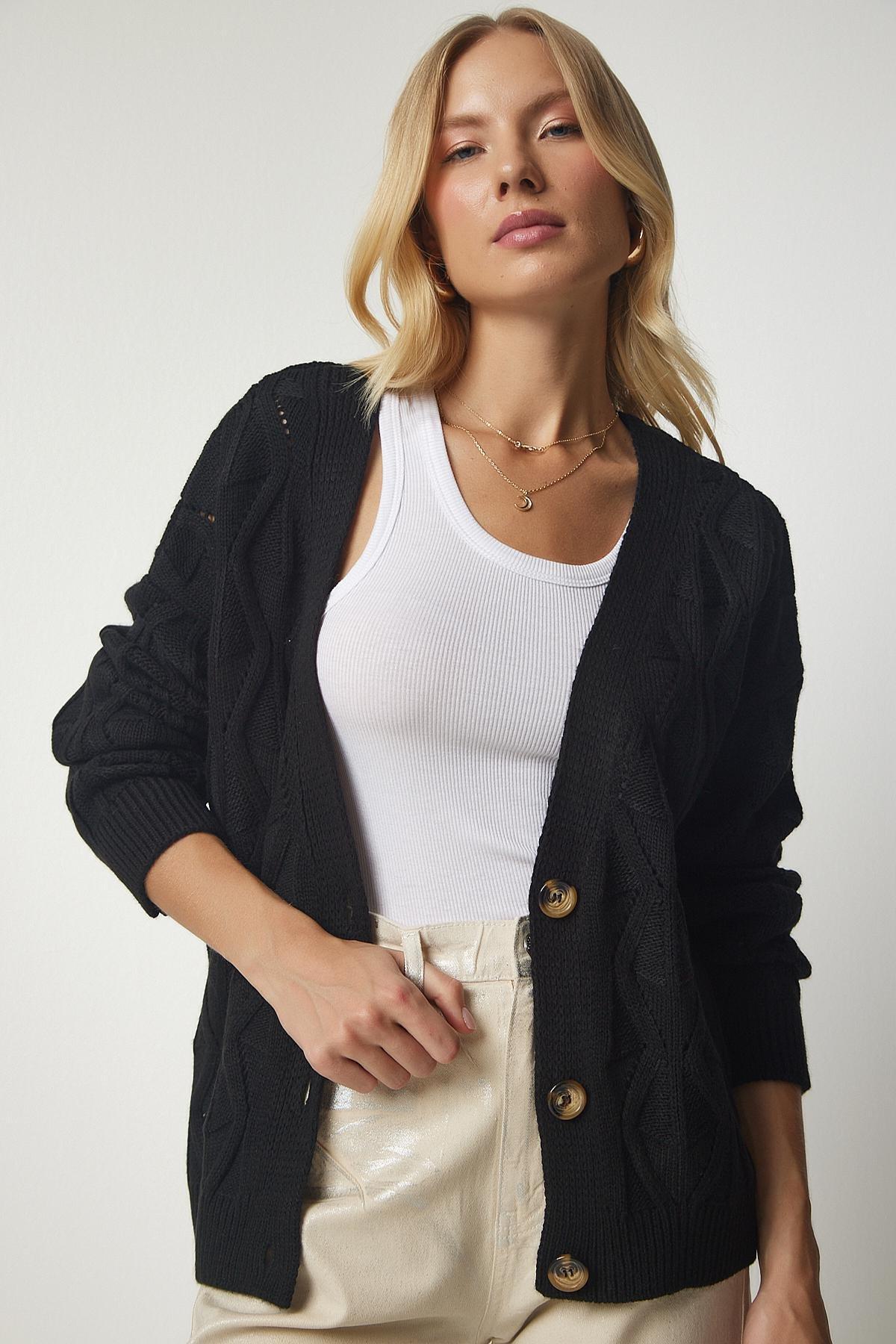 Black Knit-Motif Openwork Knitwear Cardigan, BLACK, large image number 0