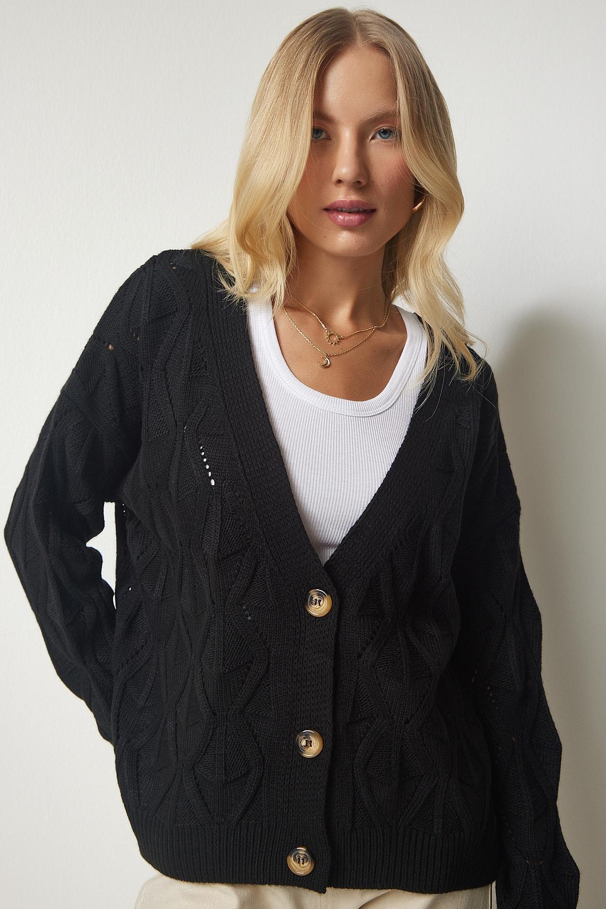 Black Knit-Motif Openwork Knitwear Cardigan, BLACK, large image number 1