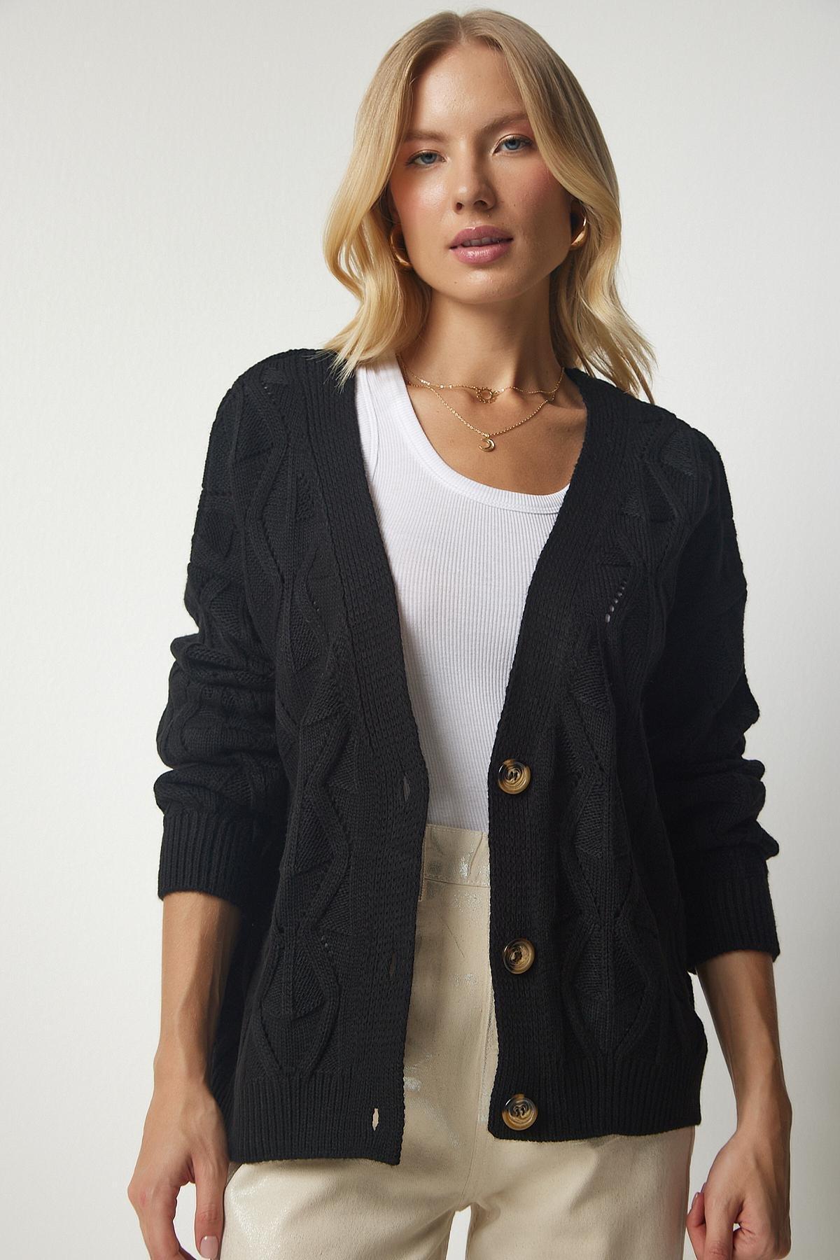 Black Knit-Motif Openwork Knitwear Cardigan, BLACK, large image number 2