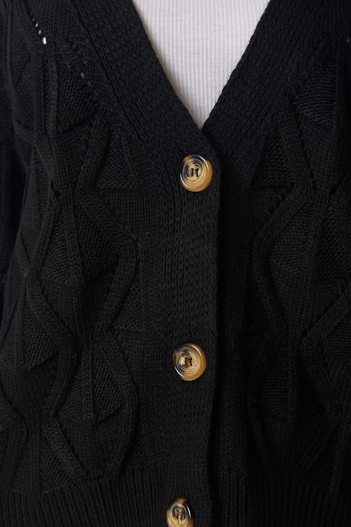 Black Knit-Motif Openwork Knitwear Cardigan, BLACK, large image number 3