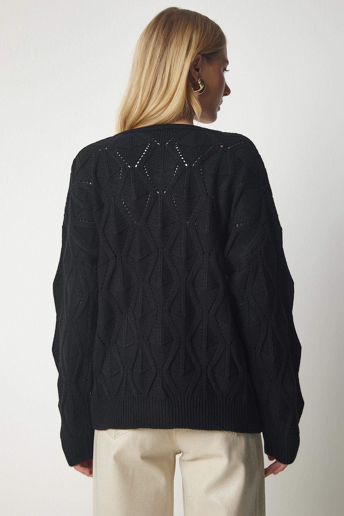 Black Knit-Motif Openwork Knitwear Cardigan, BLACK, large image number 4
