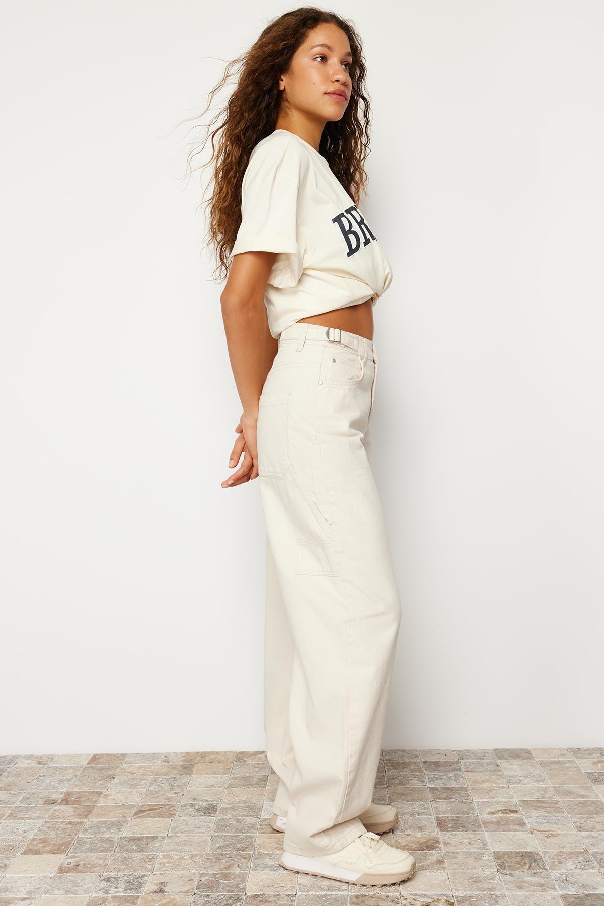 Ecru Wide Fit High Waist Carpenter Jeans, , large image number 2