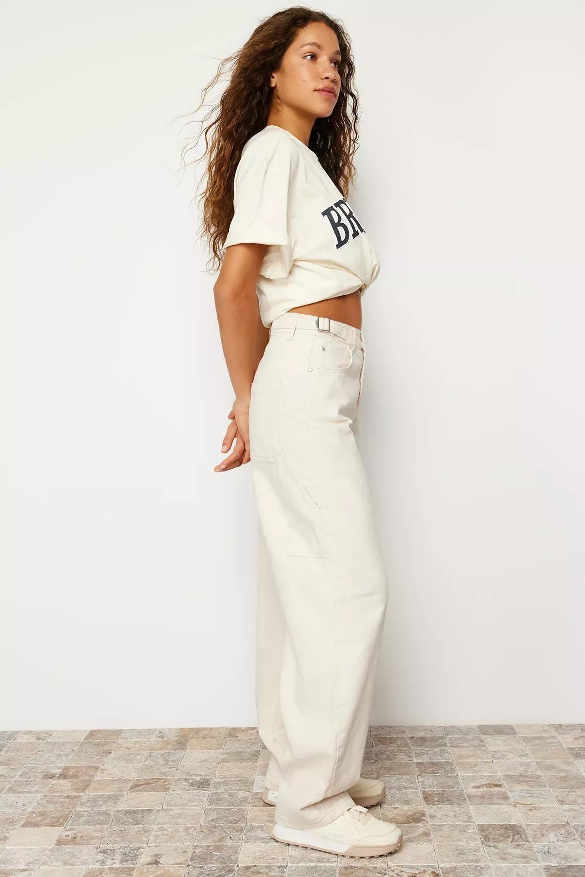 جينز بقصة واسعة وخصر مرتفع، كريمي, Ecru, large image number 2