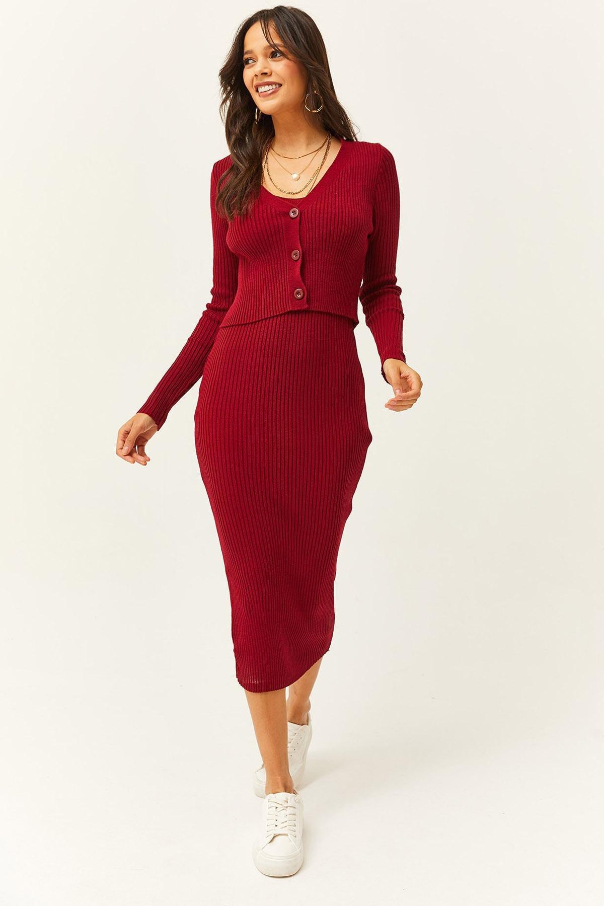 Burgundy Ribbed Sweater Midi Dress 2-Piece, Burgundy, large image number 0