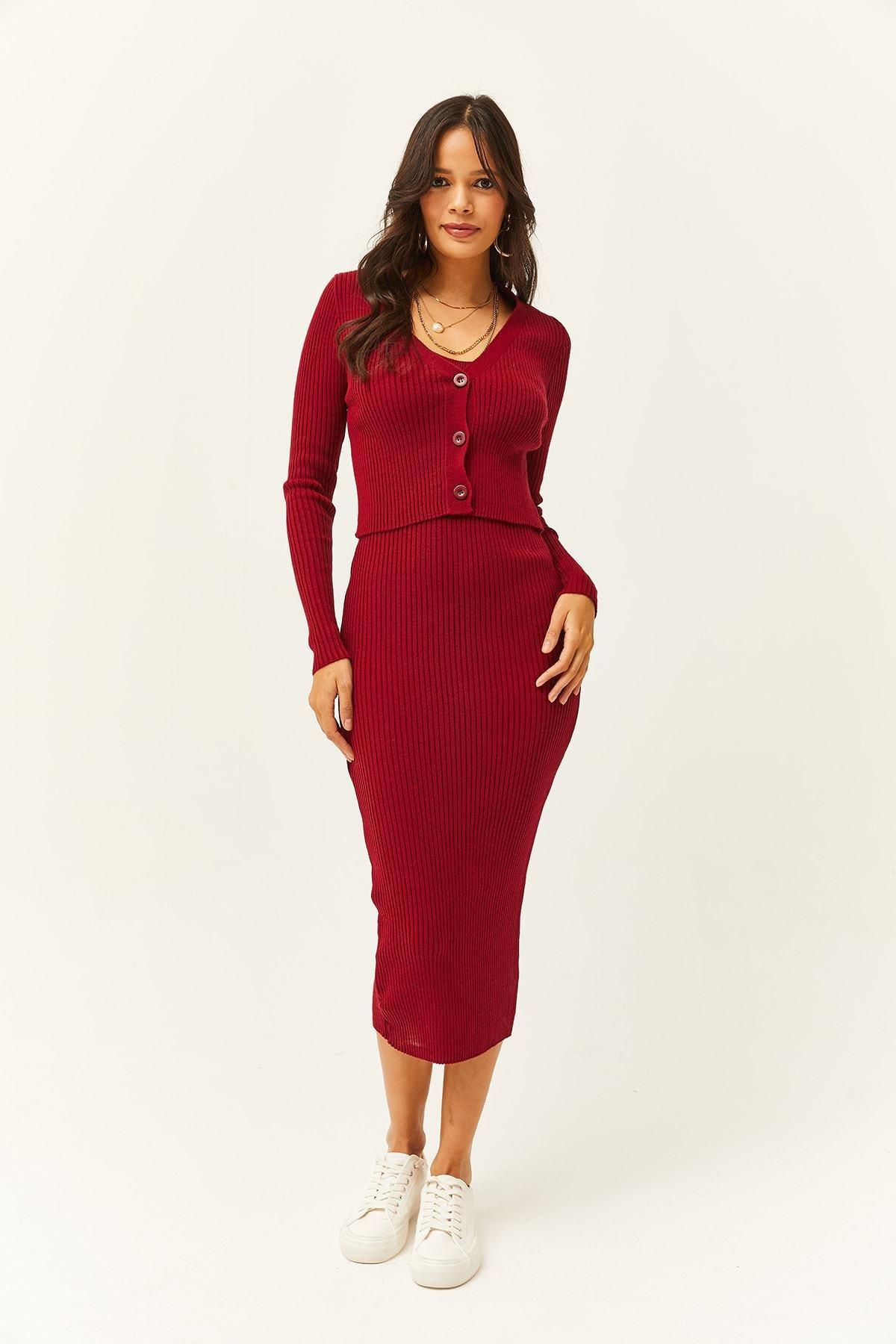 Burgundy Ribbed Sweater Midi Dress 2-Piece, Burgundy, large image number 1