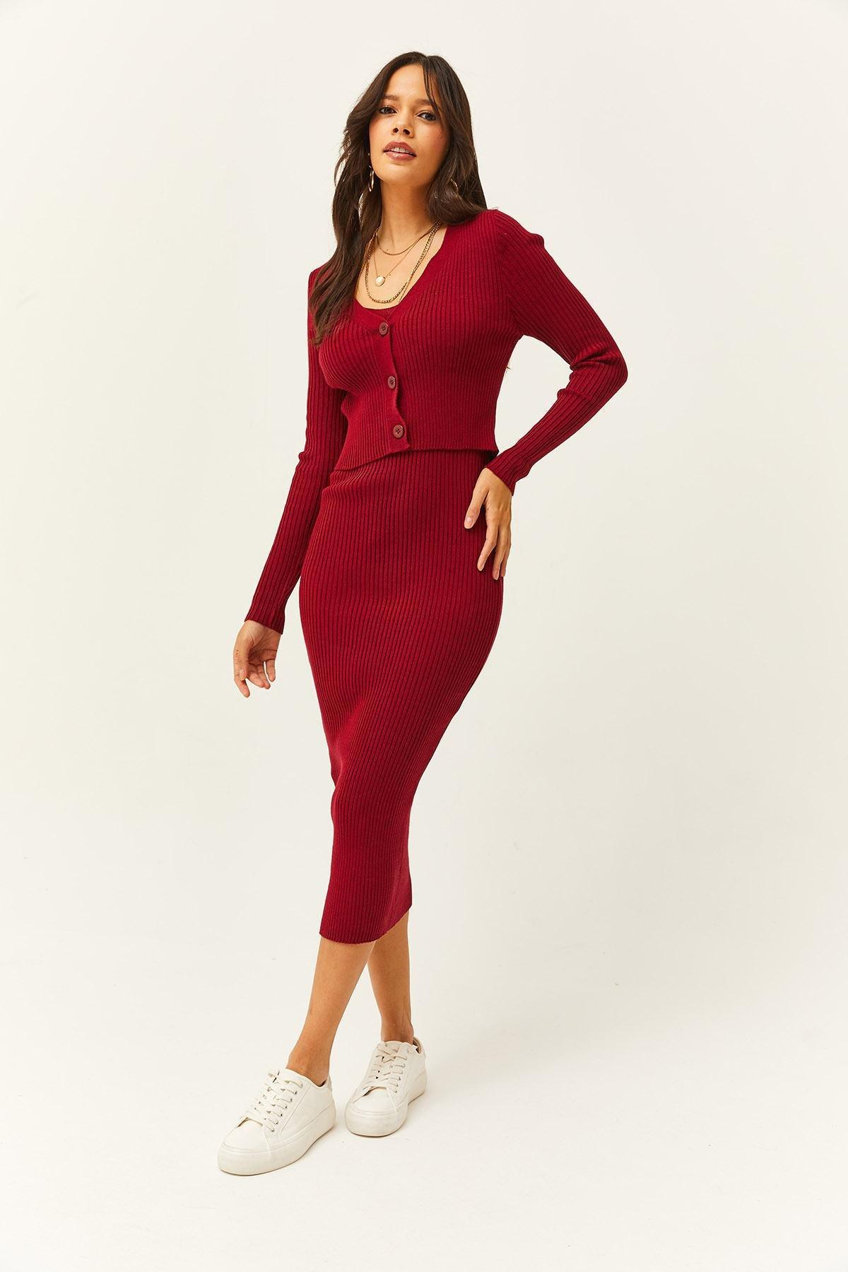 Burgundy Ribbed Sweater Midi Dress 2-Piece, Burgundy, large image number 2