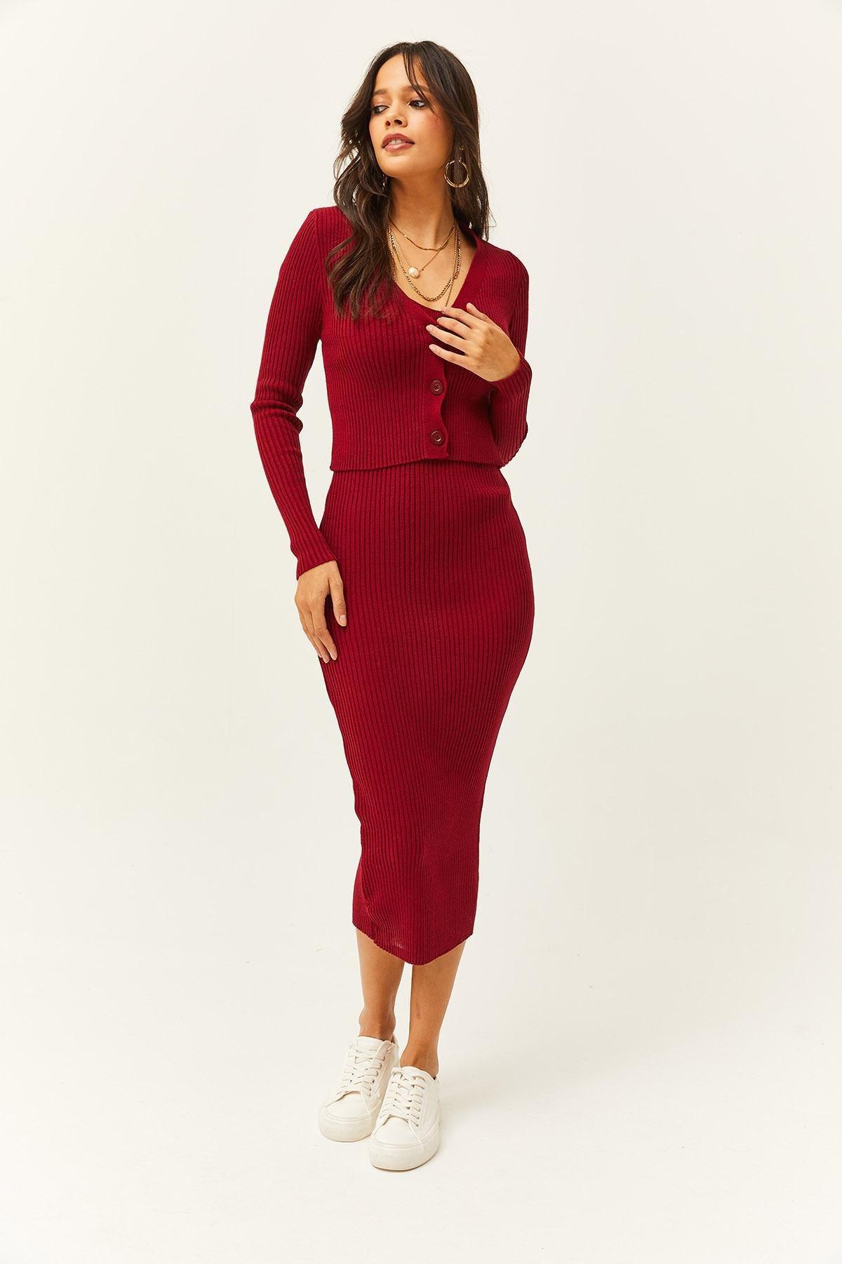 Burgundy Ribbed Sweater Midi Dress 2-Piece, Burgundy, large image number 3
