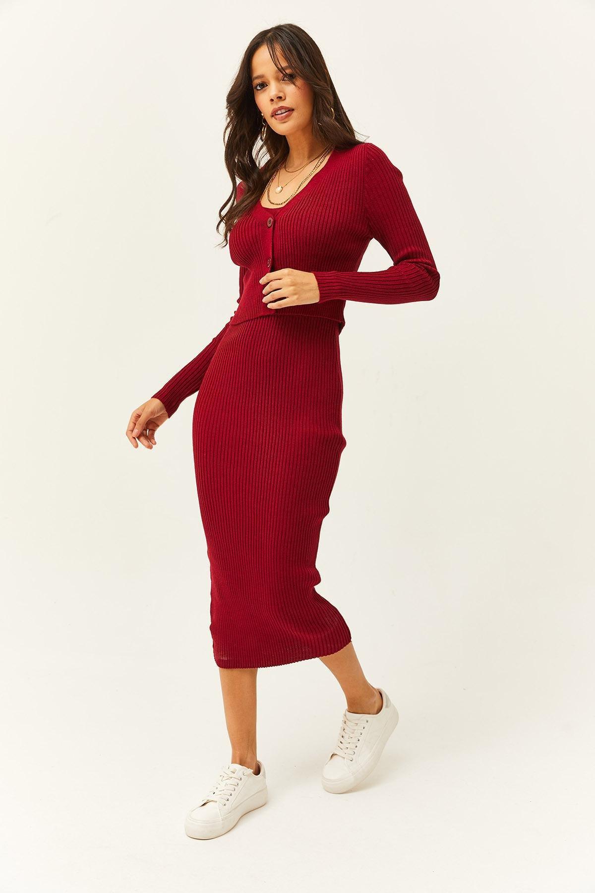 Burgundy Ribbed Sweater Midi Dress 2-Piece, Burgundy, large image number 4