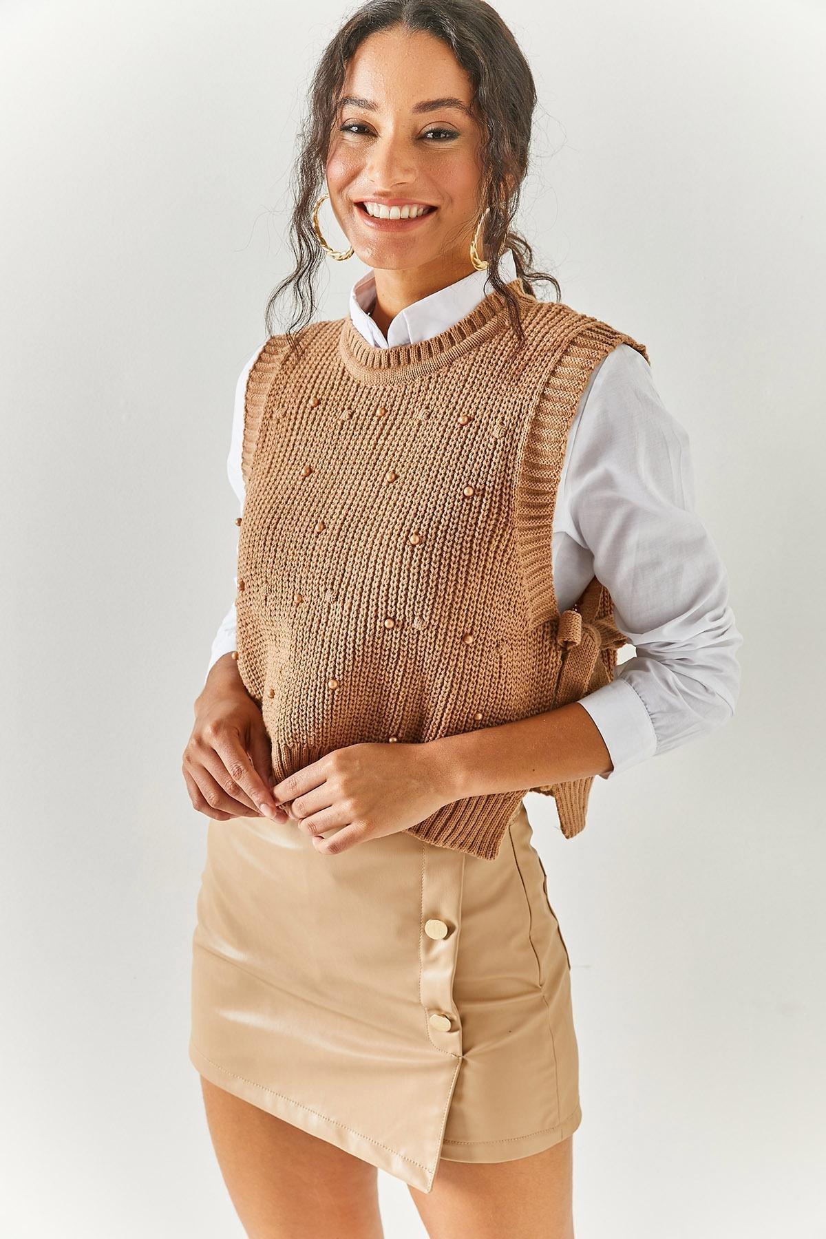 Beige Pearl Garnish Knitwear Sweater, BISCUIT, large image number 0