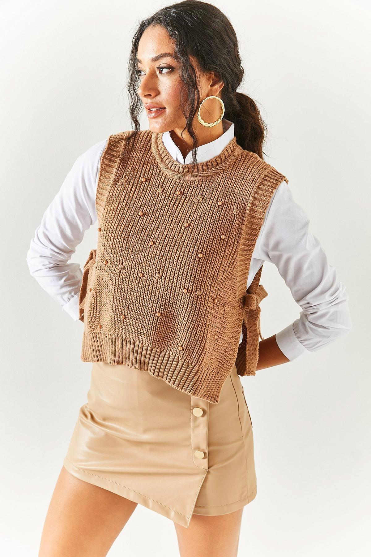 Beige Pearl Garnish Knitwear Sweater, BISCUIT, large image number 1