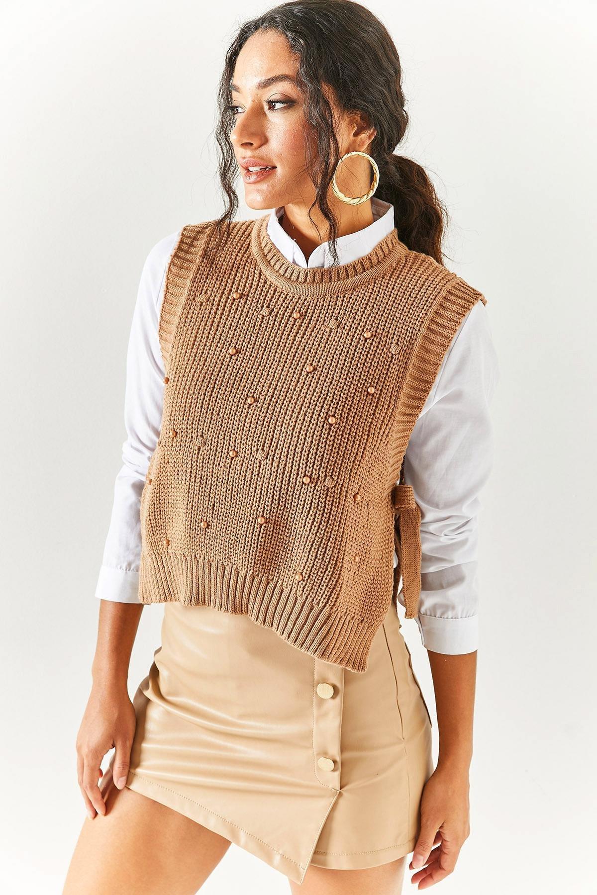 Beige Pearl Garnish Knitwear Sweater, BISCUIT, large image number 2