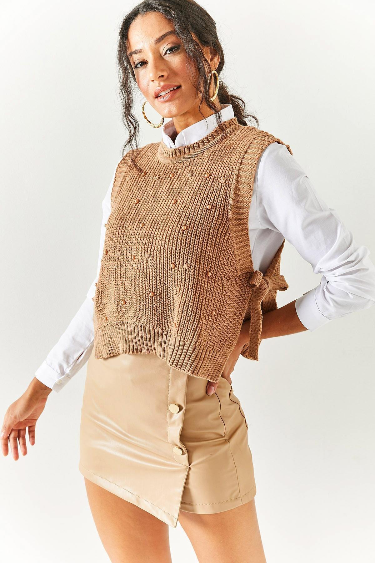 Beige Pearl Garnish Knitwear Sweater, BISCUIT, large image number 4
