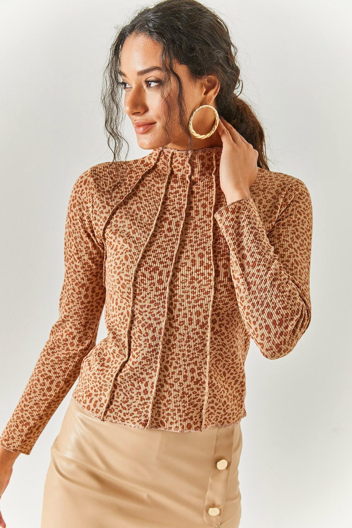 Brown High Neck Crop Blouse, , large image number 0