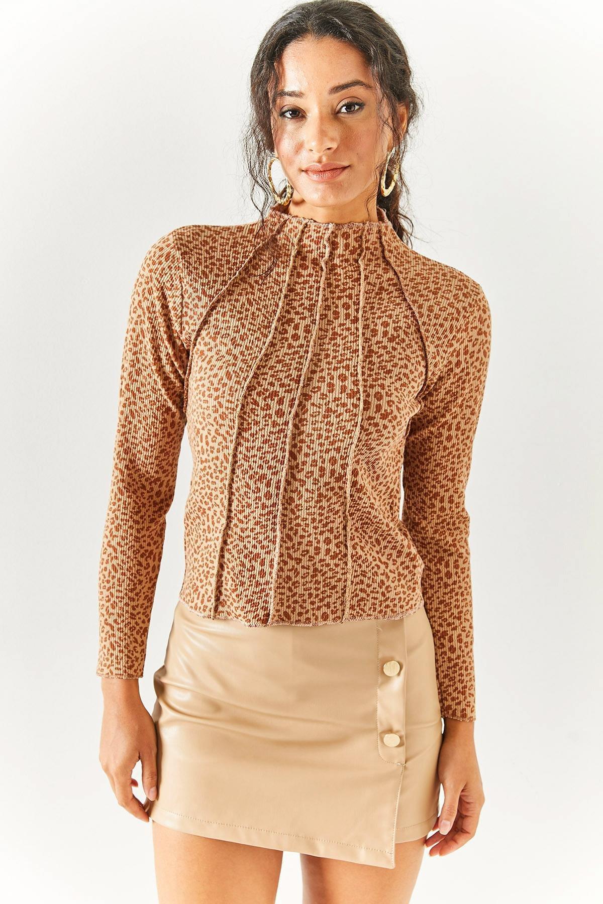 Brown High Neck Crop Blouse, , large image number 1
