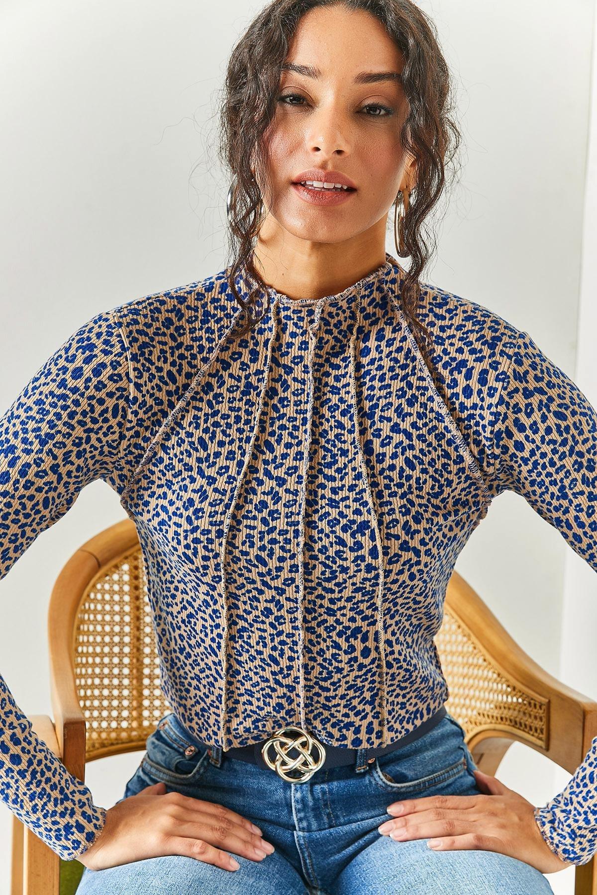 Blue High Neck Lycra Crop Blouse, , large image number 0