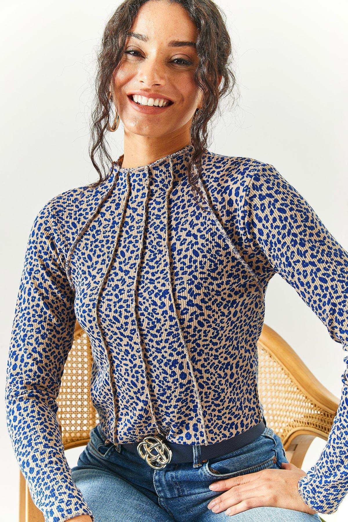 Blue High Neck Lycra Crop Blouse, , large image number 1