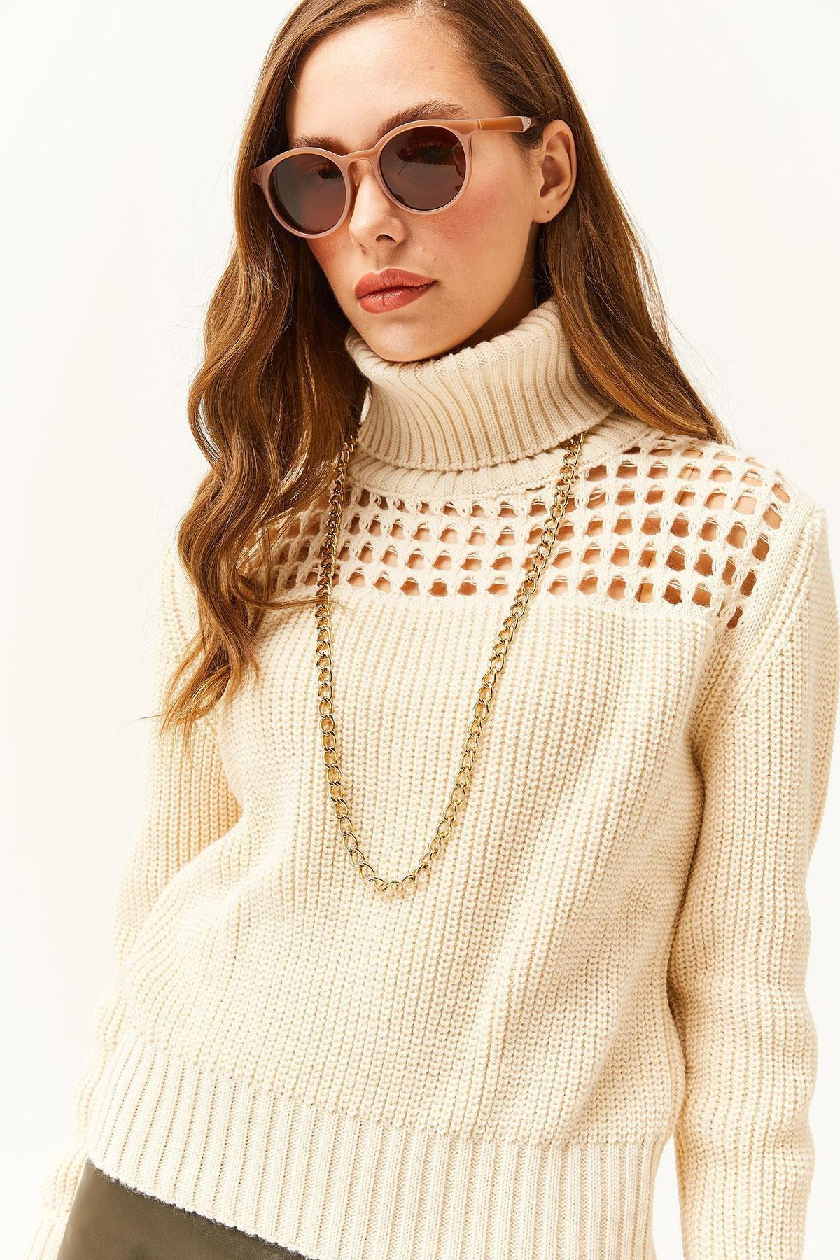 Beige Top Hole Turtleneck Knitted Sweater, STONE, large image number 3