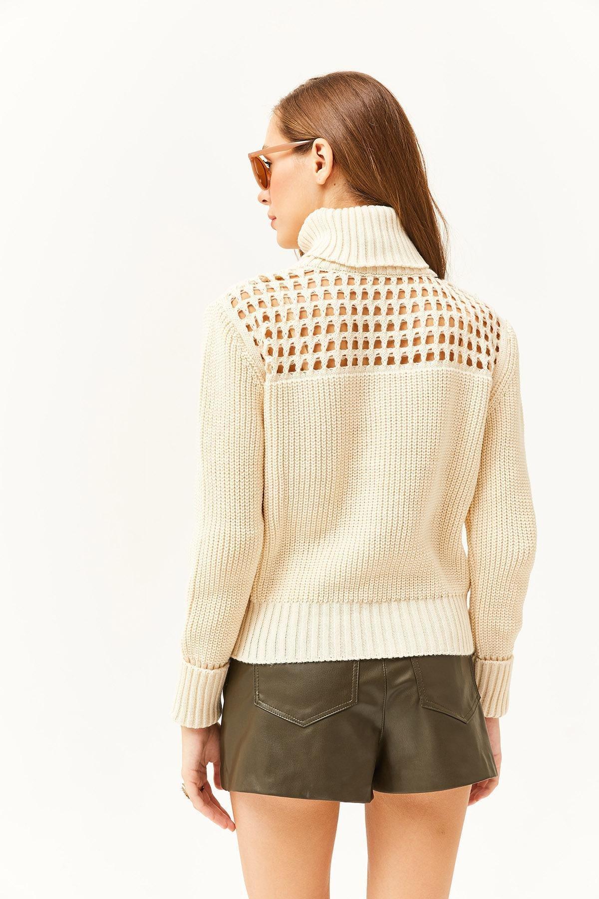 Beige Top Hole Turtleneck Knitted Sweater, STONE, large image number 4