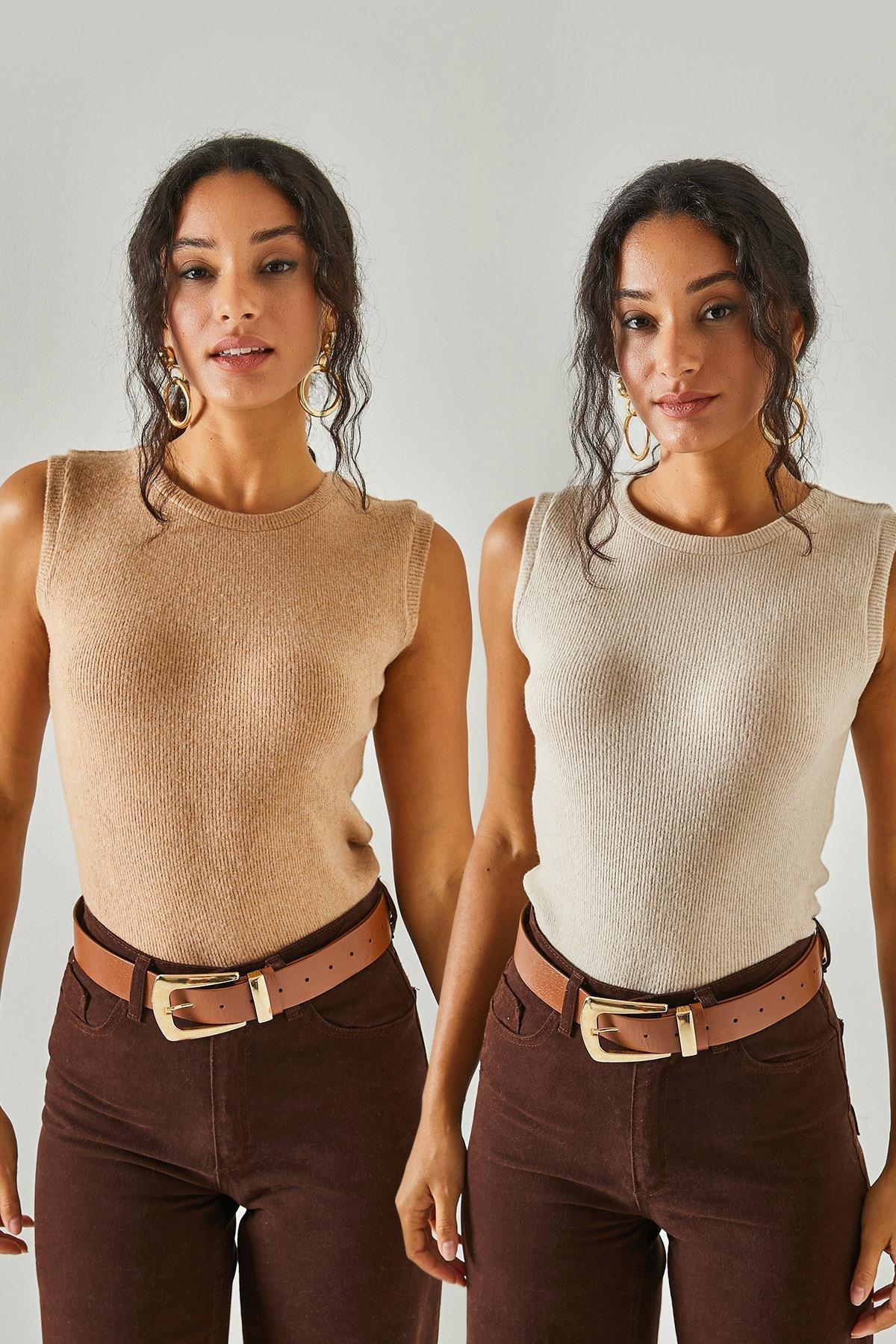 Multicolour Crew Neck Blouse, Set Of 2, Stone Camel, large image number 0