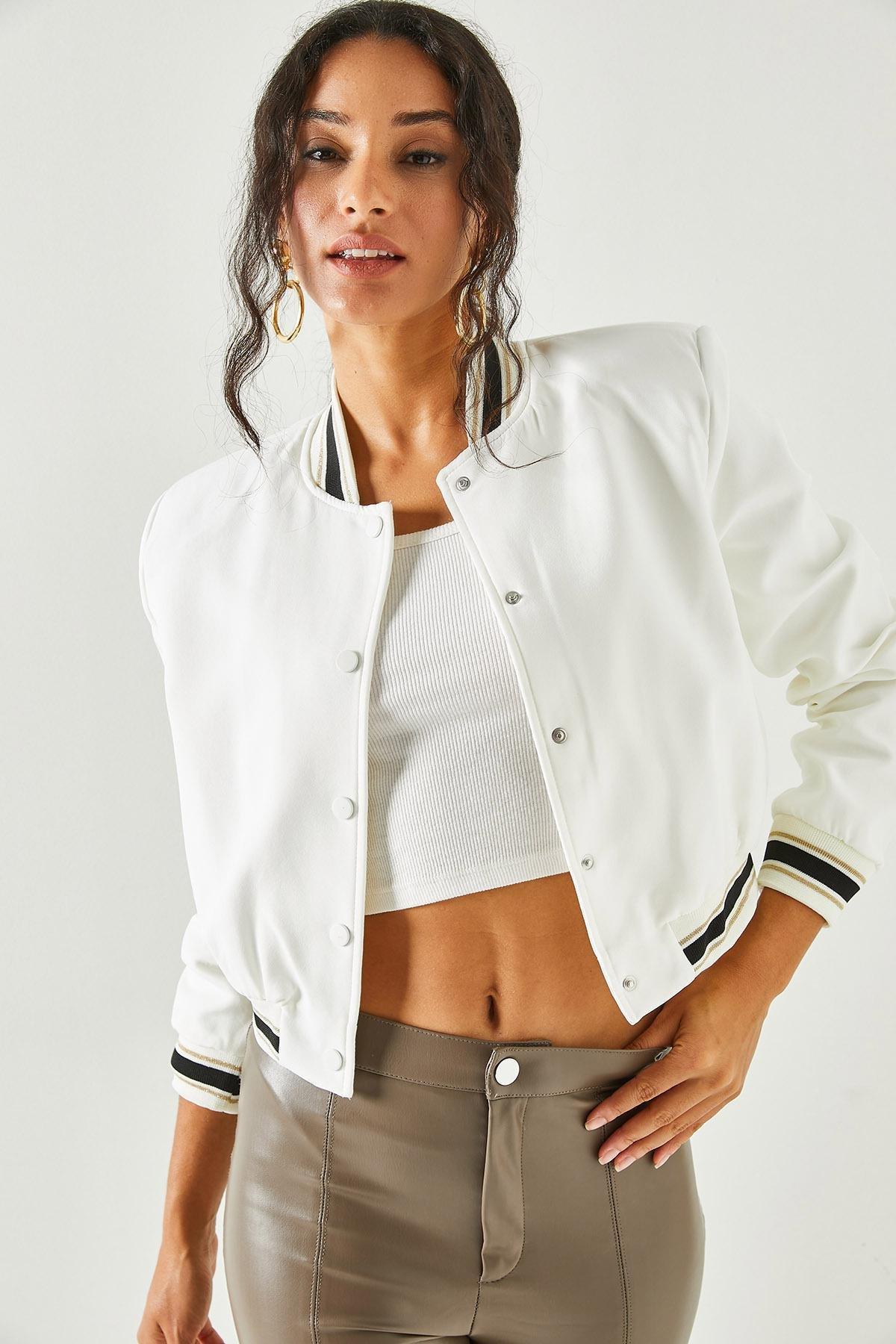 White Pocket Lined Wadding Bomber Jacket, White, large image number 4
