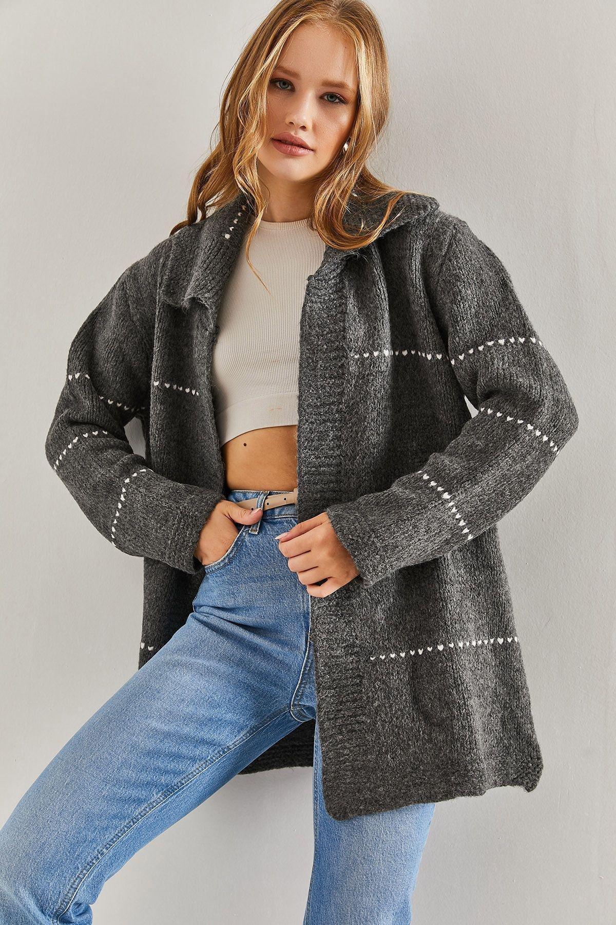 Grey Striped Knitted Cardigan, Anthracite, large image number 0