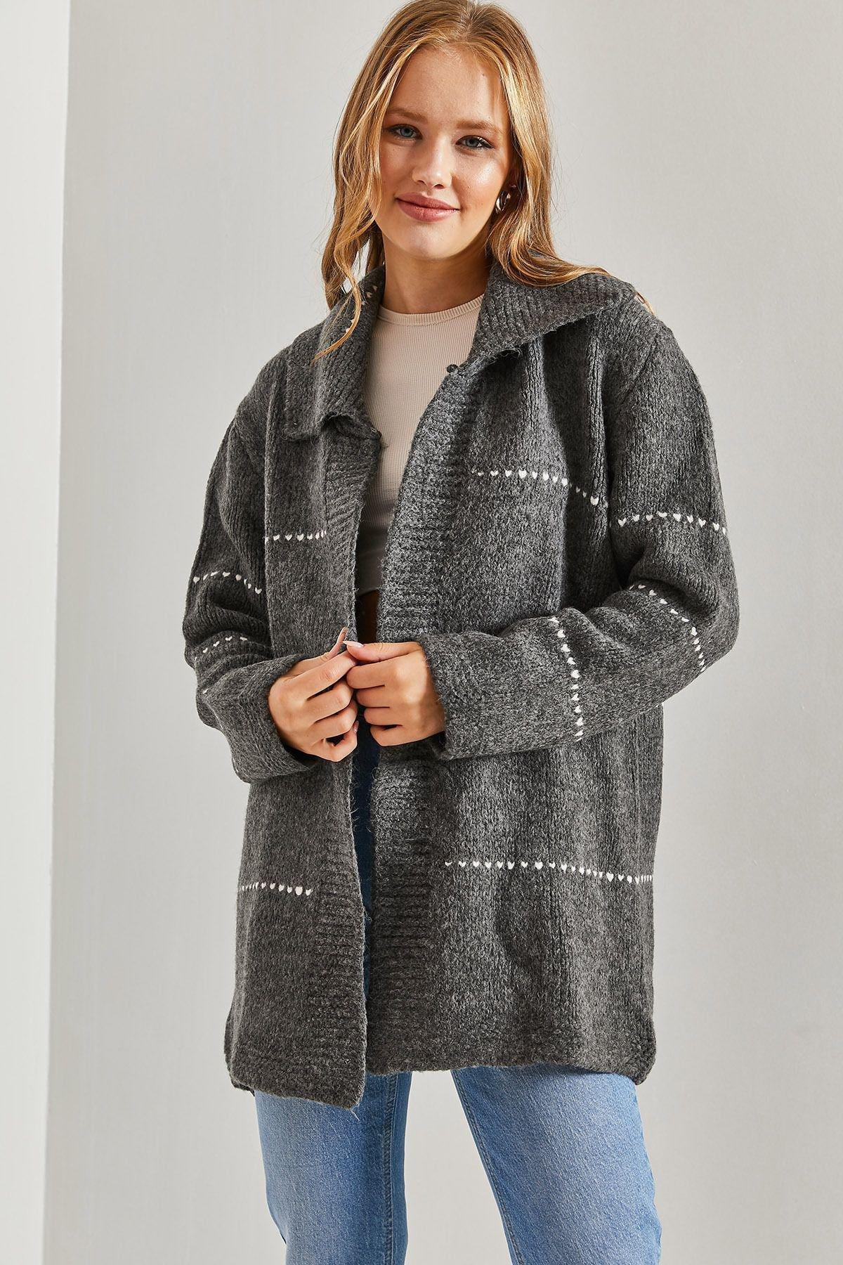 Grey Striped Knitted Cardigan, Anthracite, large image number 2