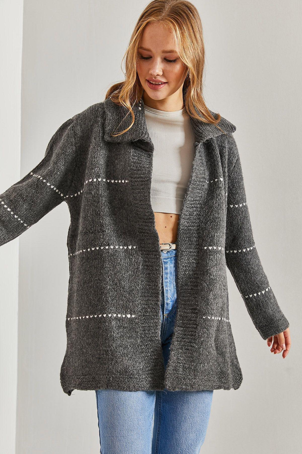 Grey Striped Knitted Cardigan, Anthracite, large image number 3