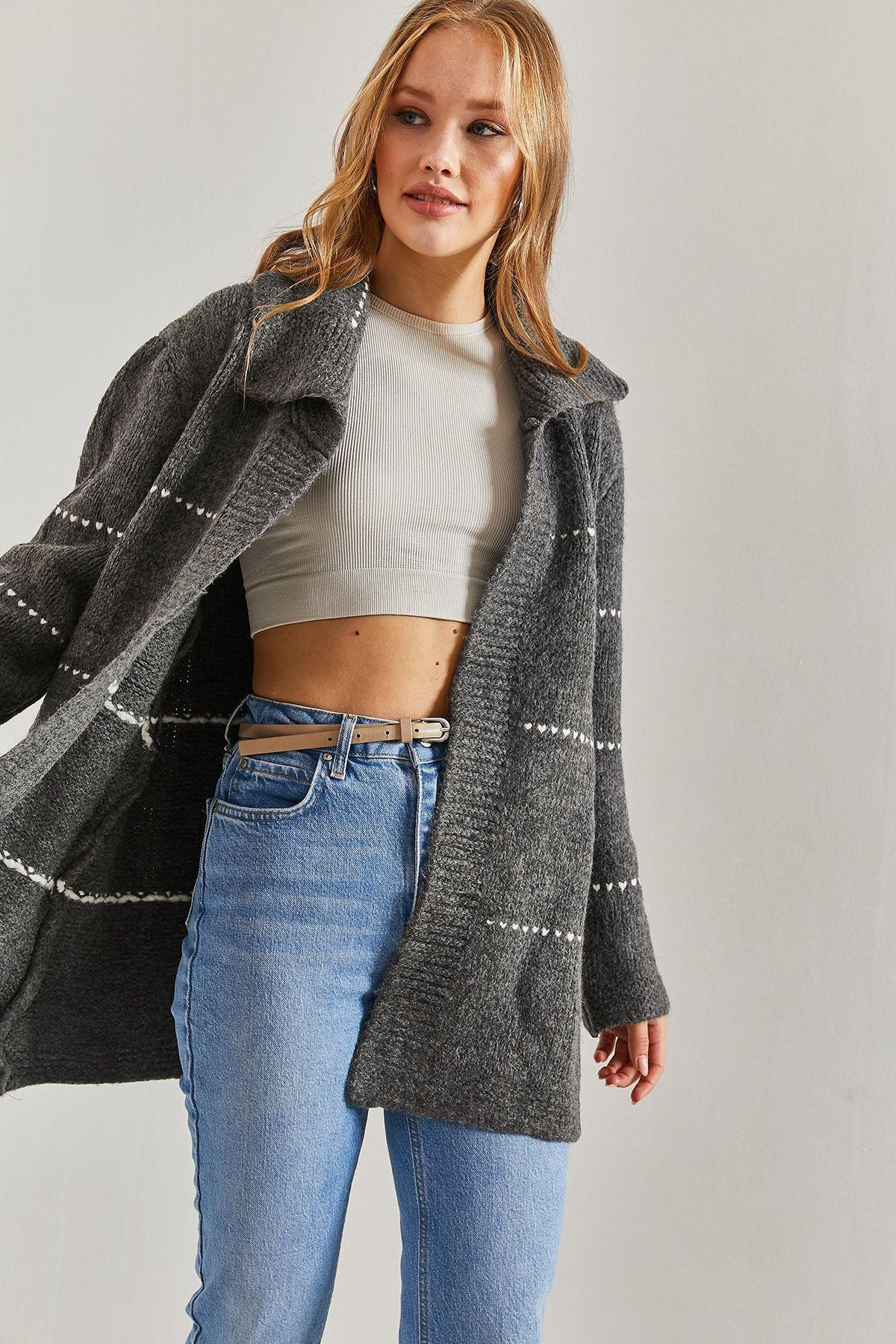 Grey Striped Knitted Cardigan, Anthracite, large image number 4