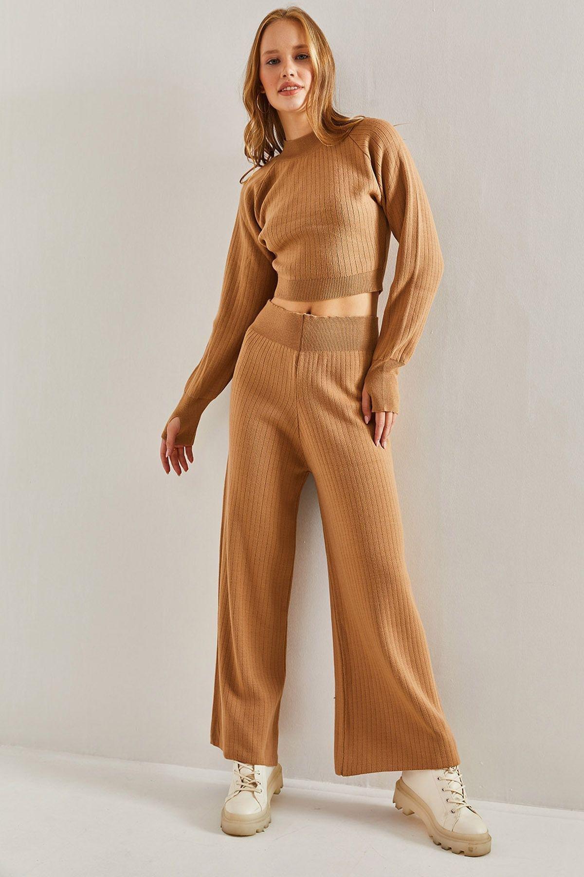Brown Elastic Waist Crop Pyjamas Set, Brown, large image number 0