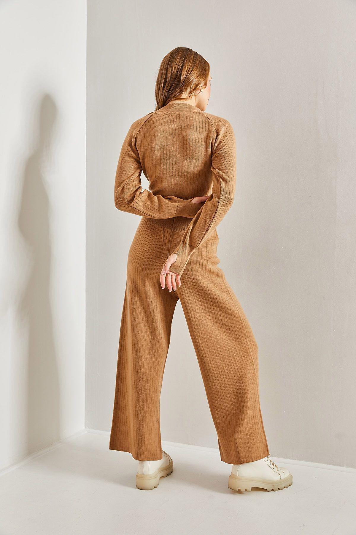 Brown Elastic Waist Crop Pyjamas Set, Brown, large image number 1