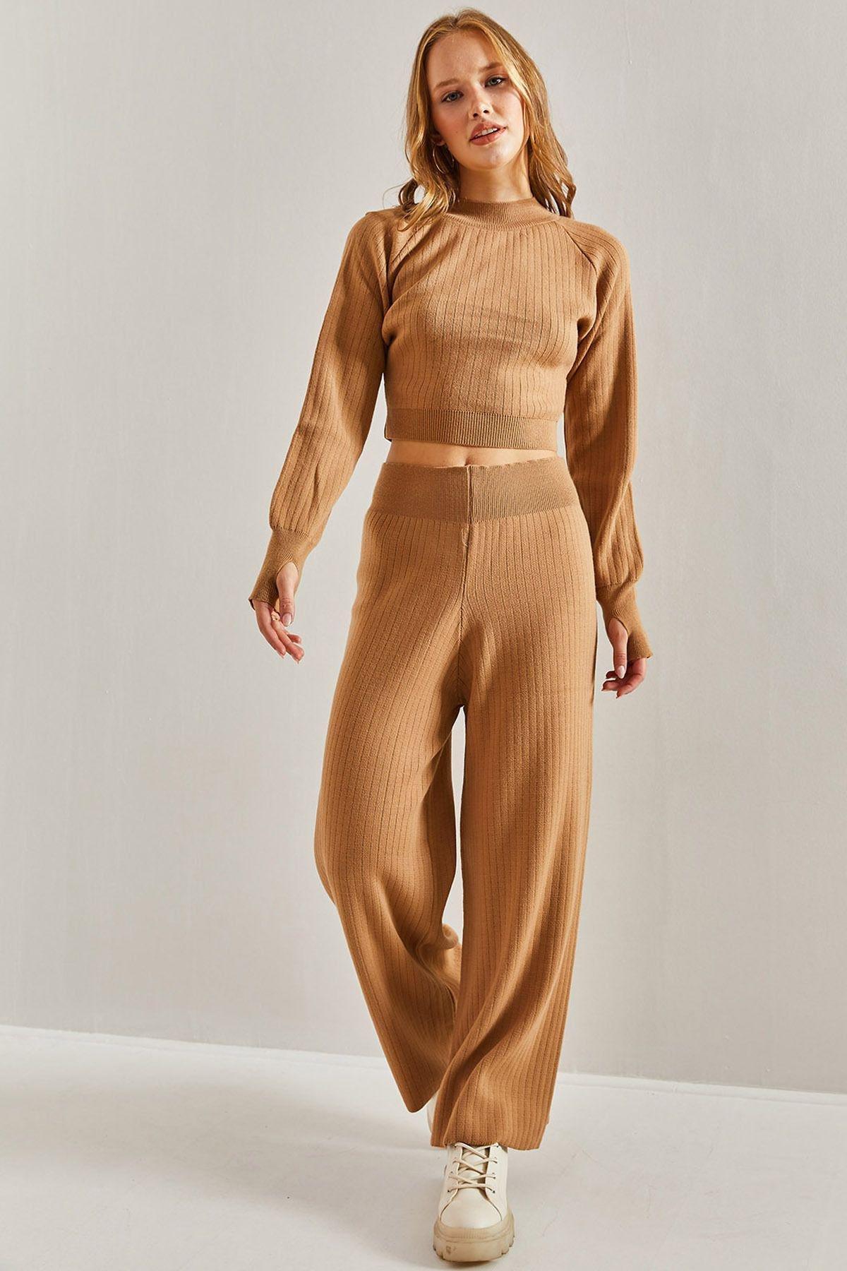 Brown Elastic Waist Crop Pyjamas Set, Brown, large image number 2