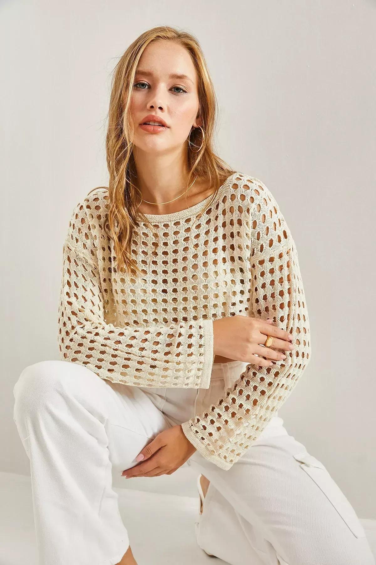 Ecru Openwork Knitted Crop Sweater, Ecru, medium