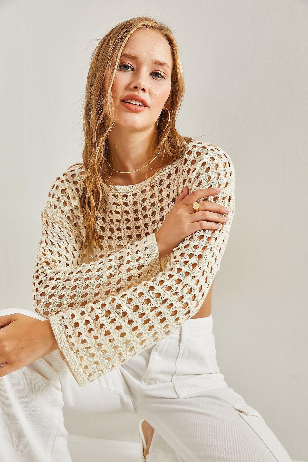 Ecru Openwork Knitted Crop Sweater, Ecru, large image number 2