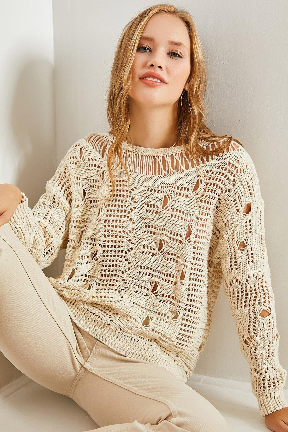 Ecru Seasonal Openwork Knitwear Sweater, Ecru, large image number 0