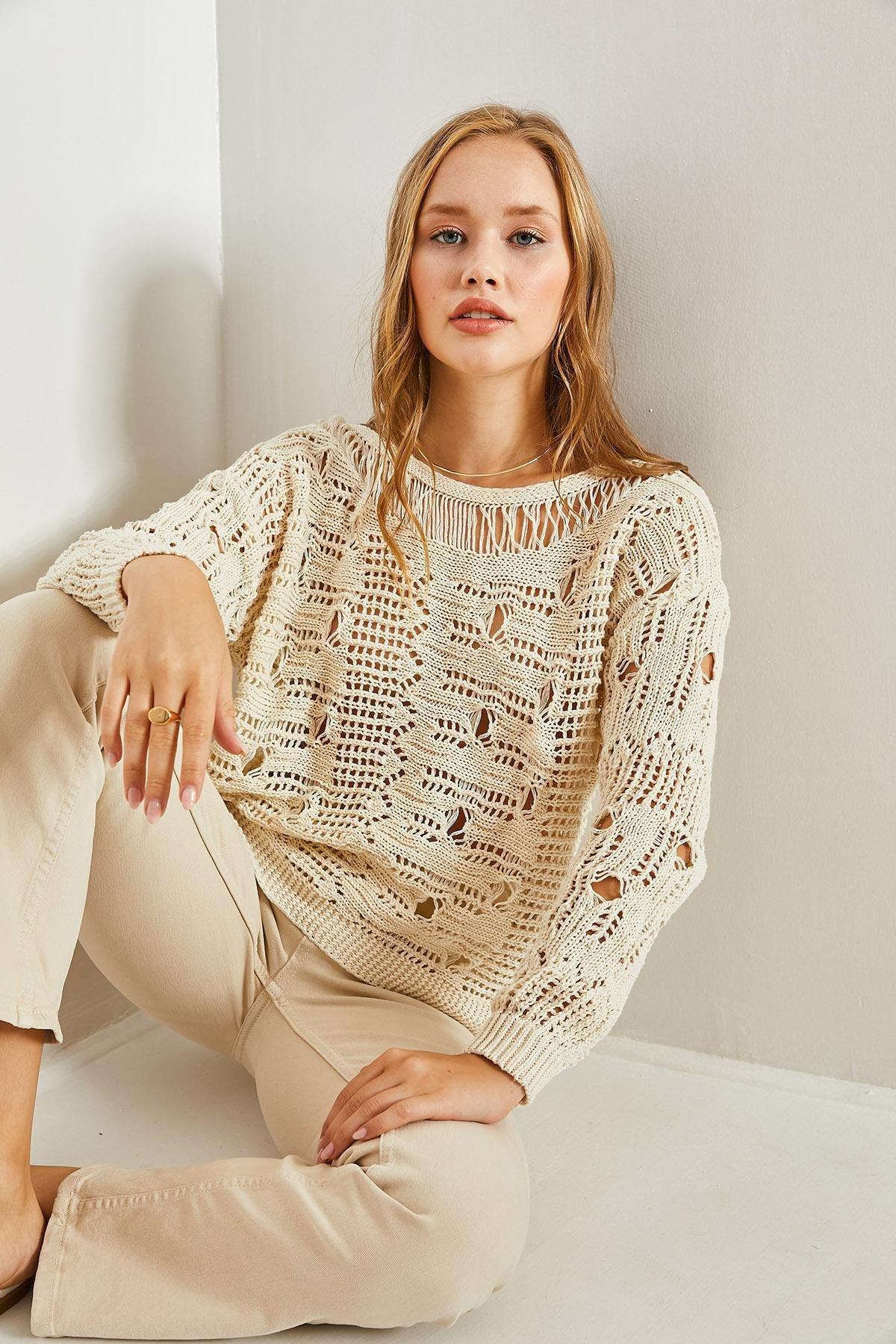 Ecru Seasonal Openwork Knitwear Sweater, Ecru, large image number 2