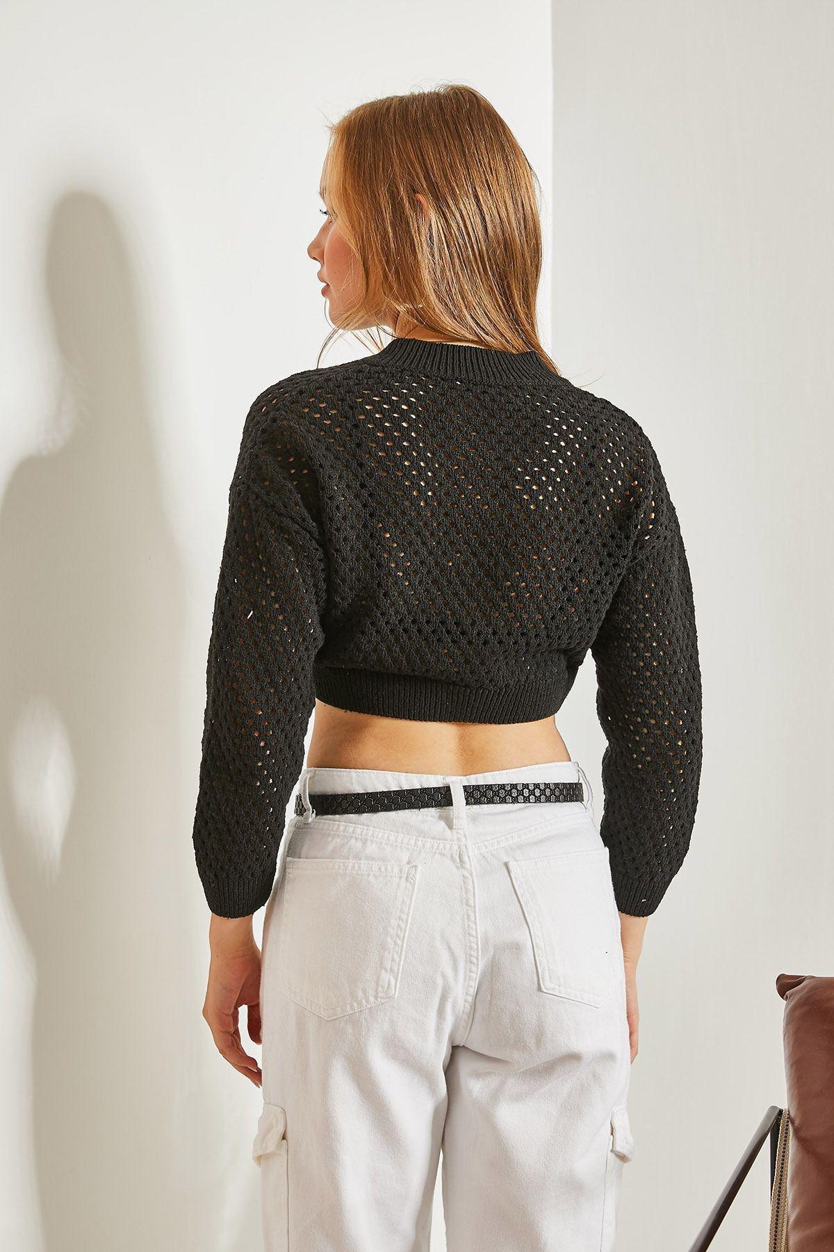 Black Openwork Knitted Cardigan, BLACK, large image number 4