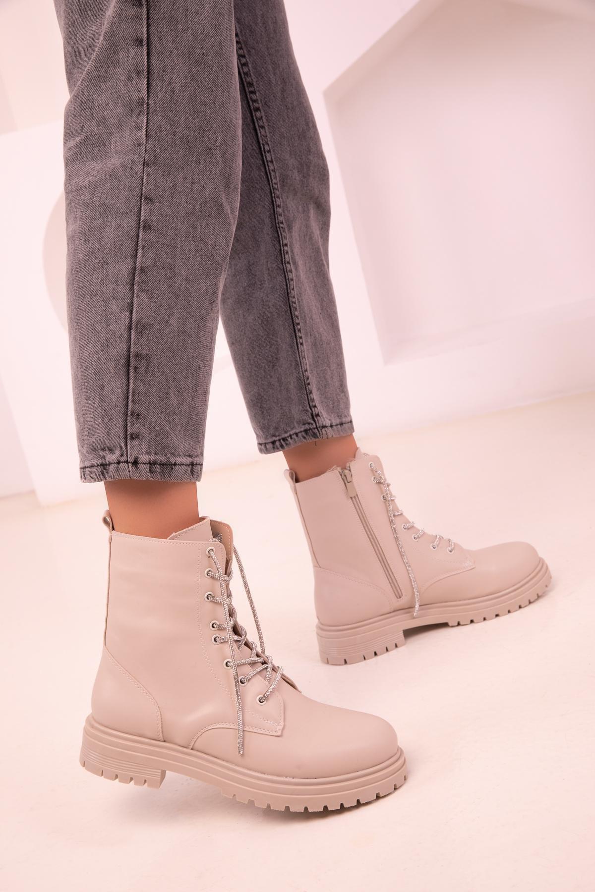Beige Lace-Up Ankle Boots, , large image number 2