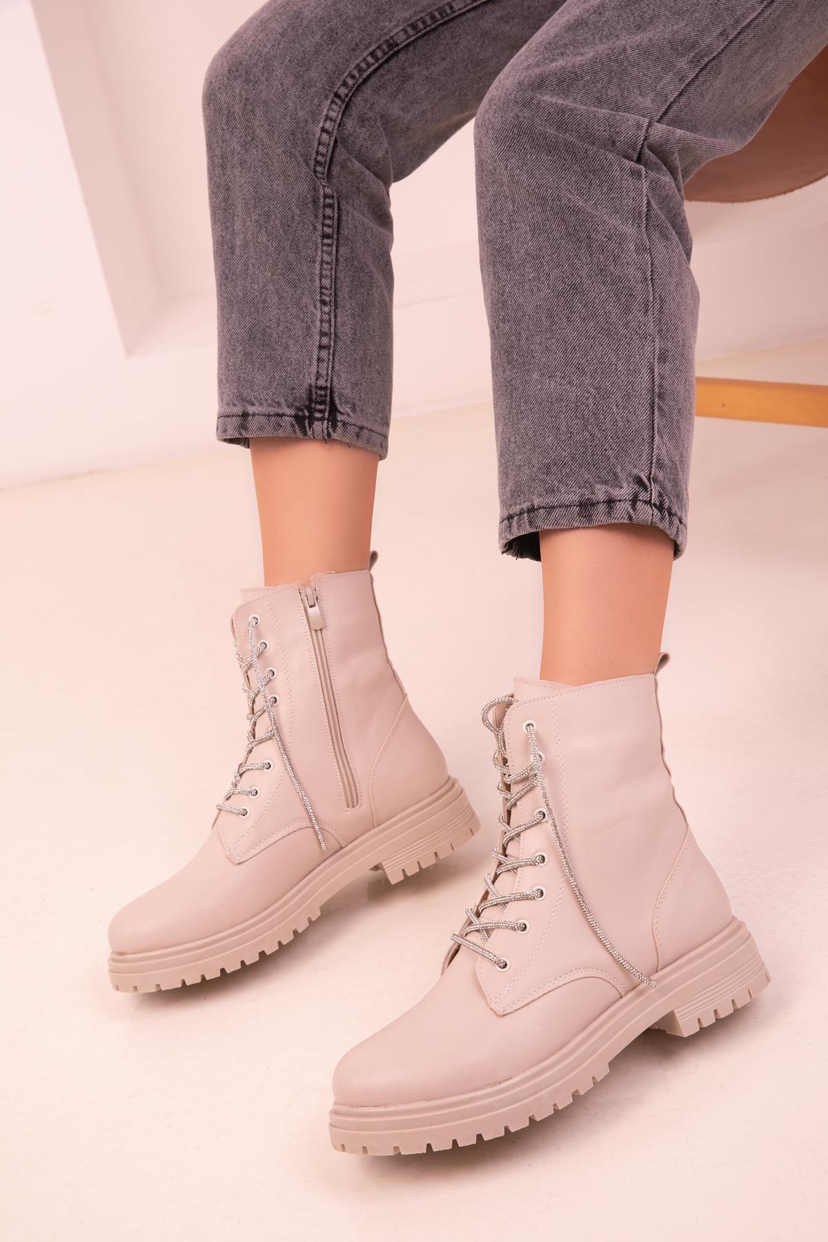Beige Lace-Up Ankle Boots, , large image number 4