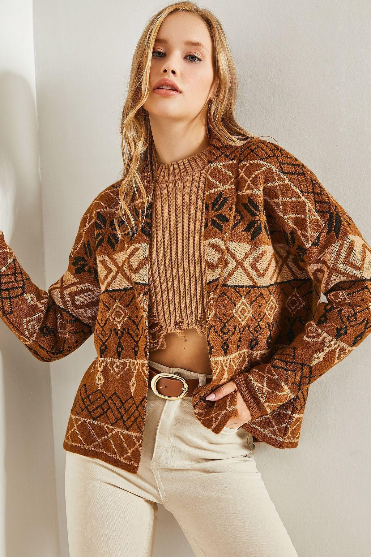 Brown Pattern Knitted Cardigan, Brown, large image number 0