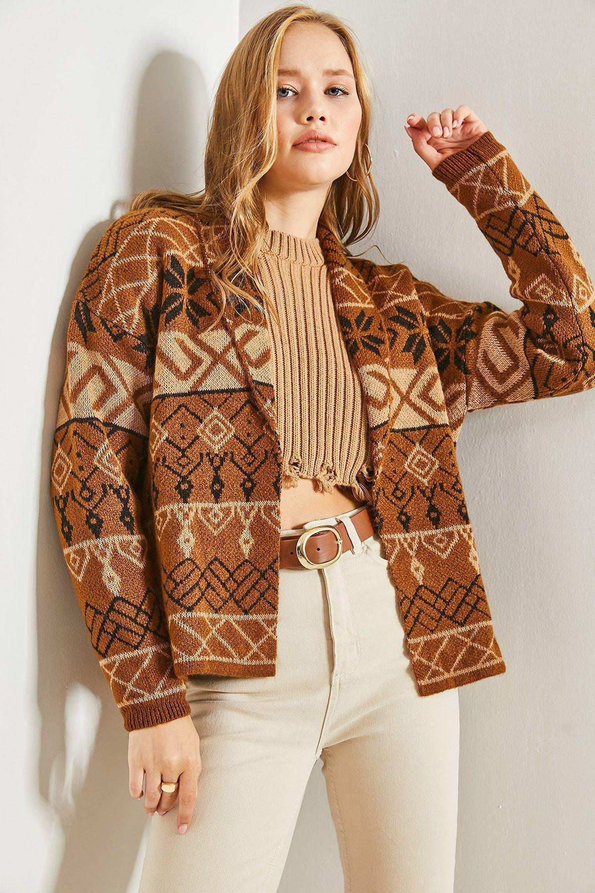 Brown Pattern Knitted Cardigan, Brown, large image number 1