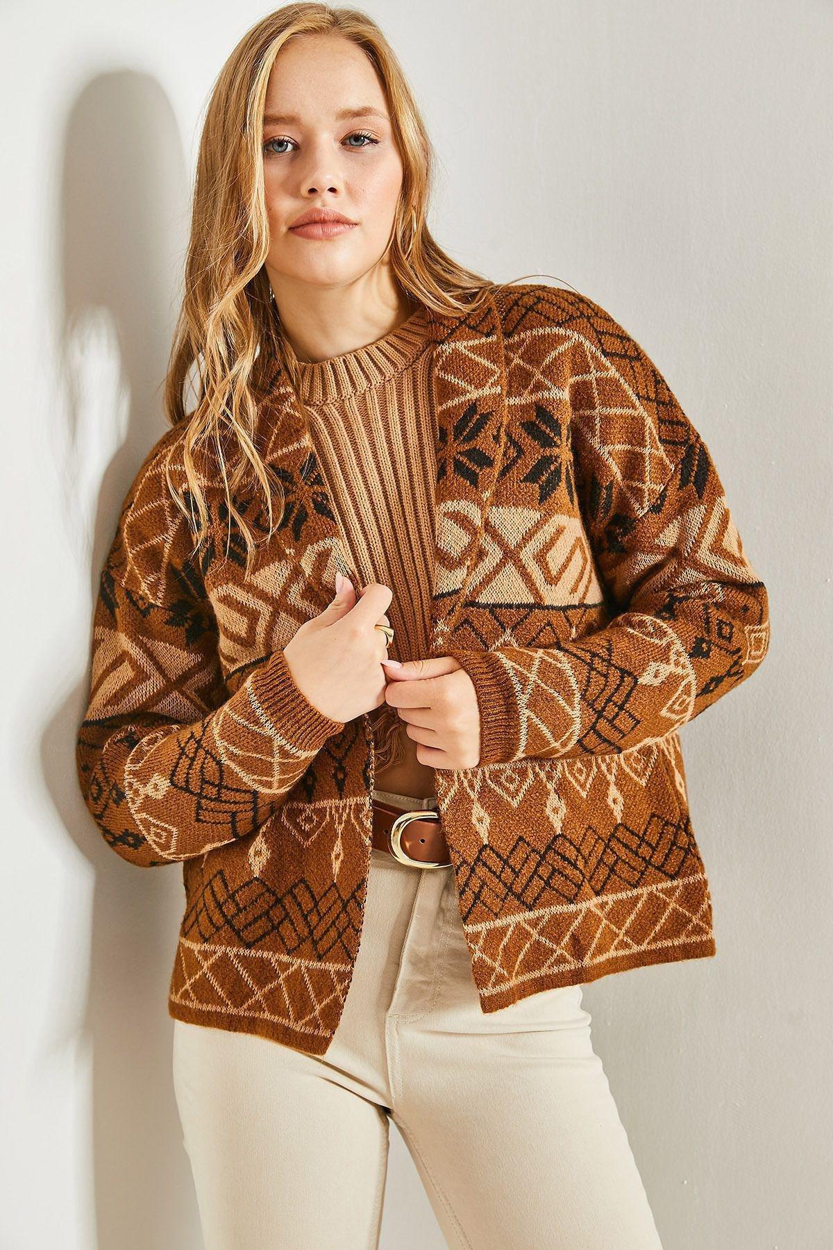 Brown Pattern Knitted Cardigan, Brown, large image number 2