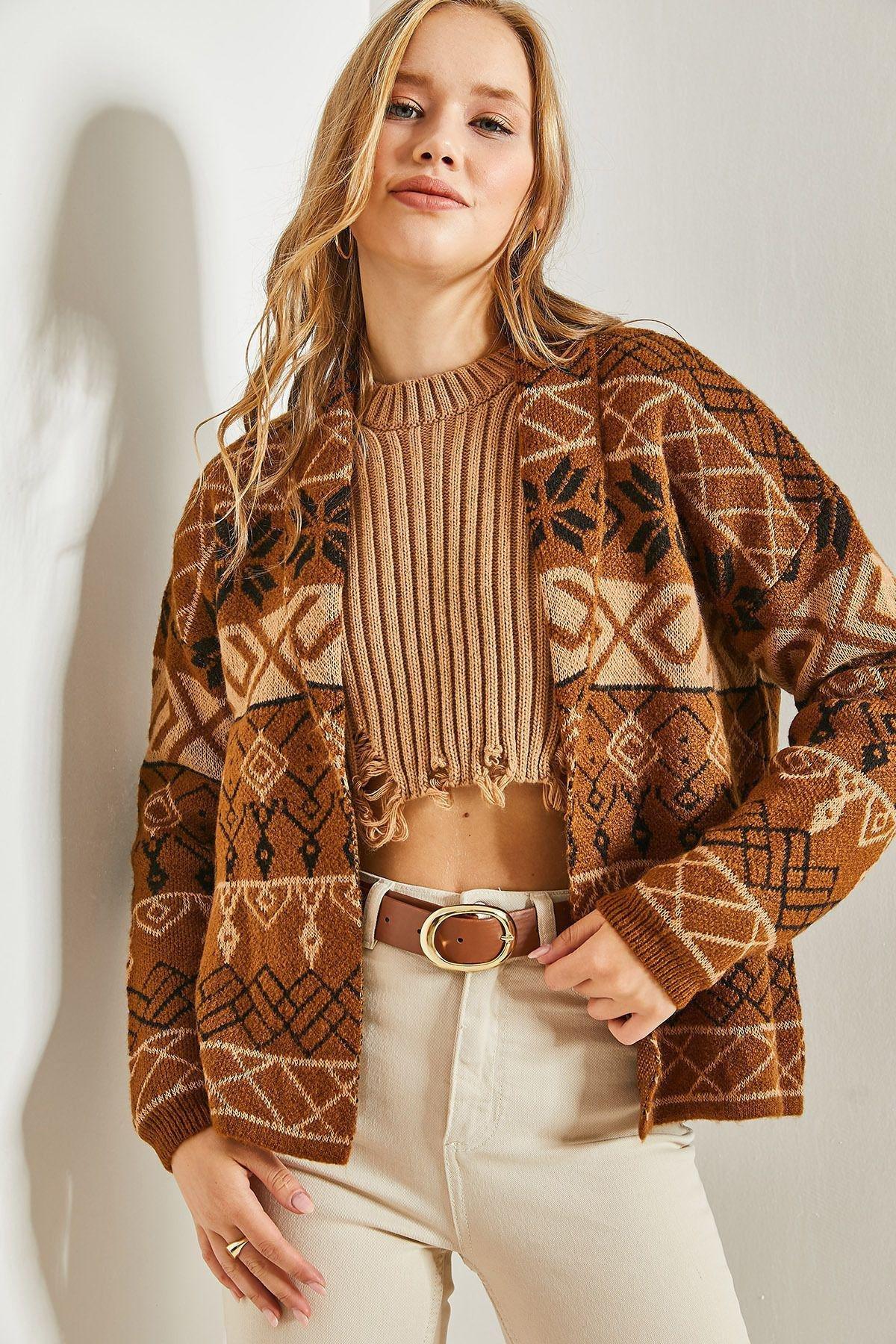 Brown Pattern Knitted Cardigan, Brown, large image number 3