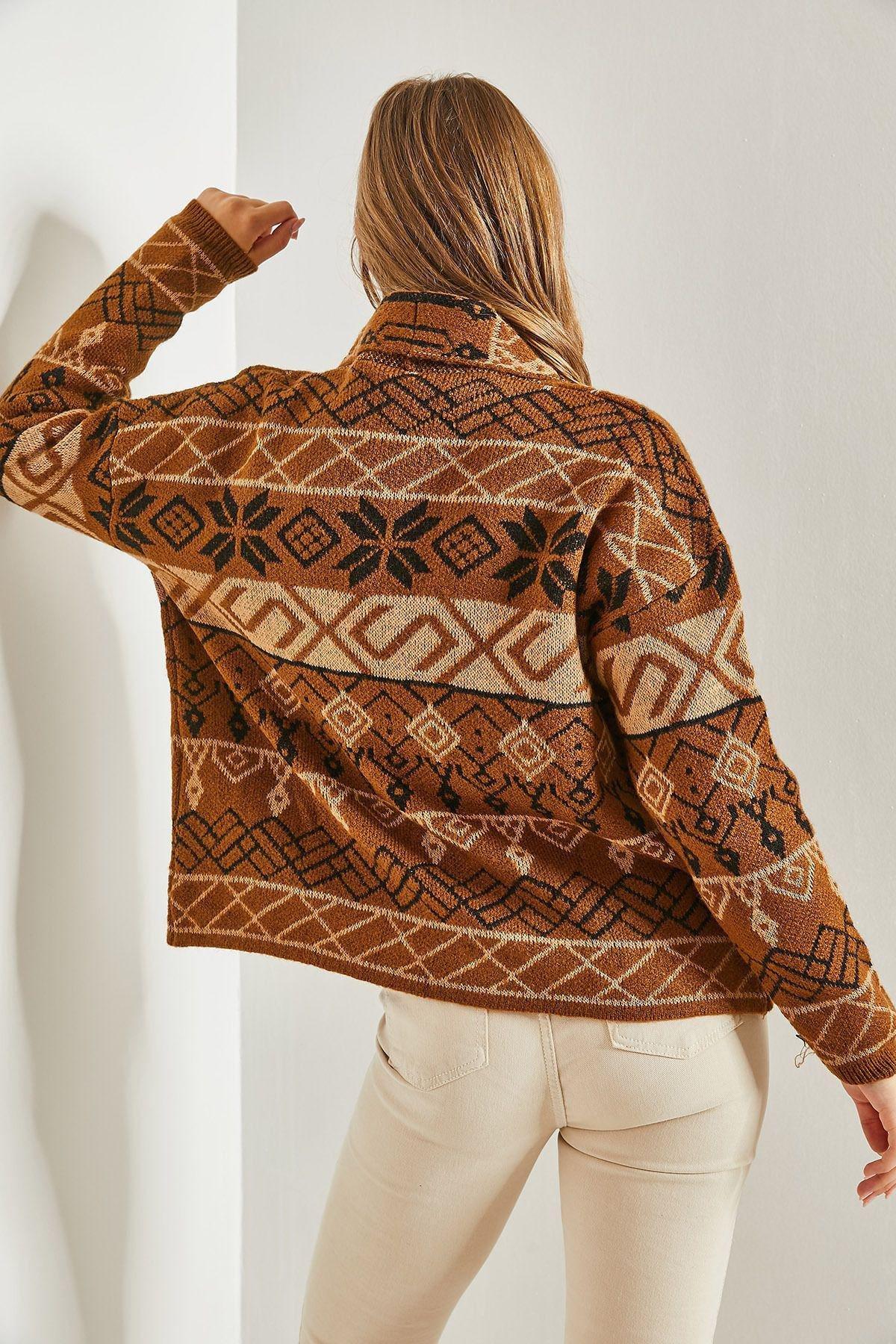 Brown Pattern Knitted Cardigan, Brown, large image number 4