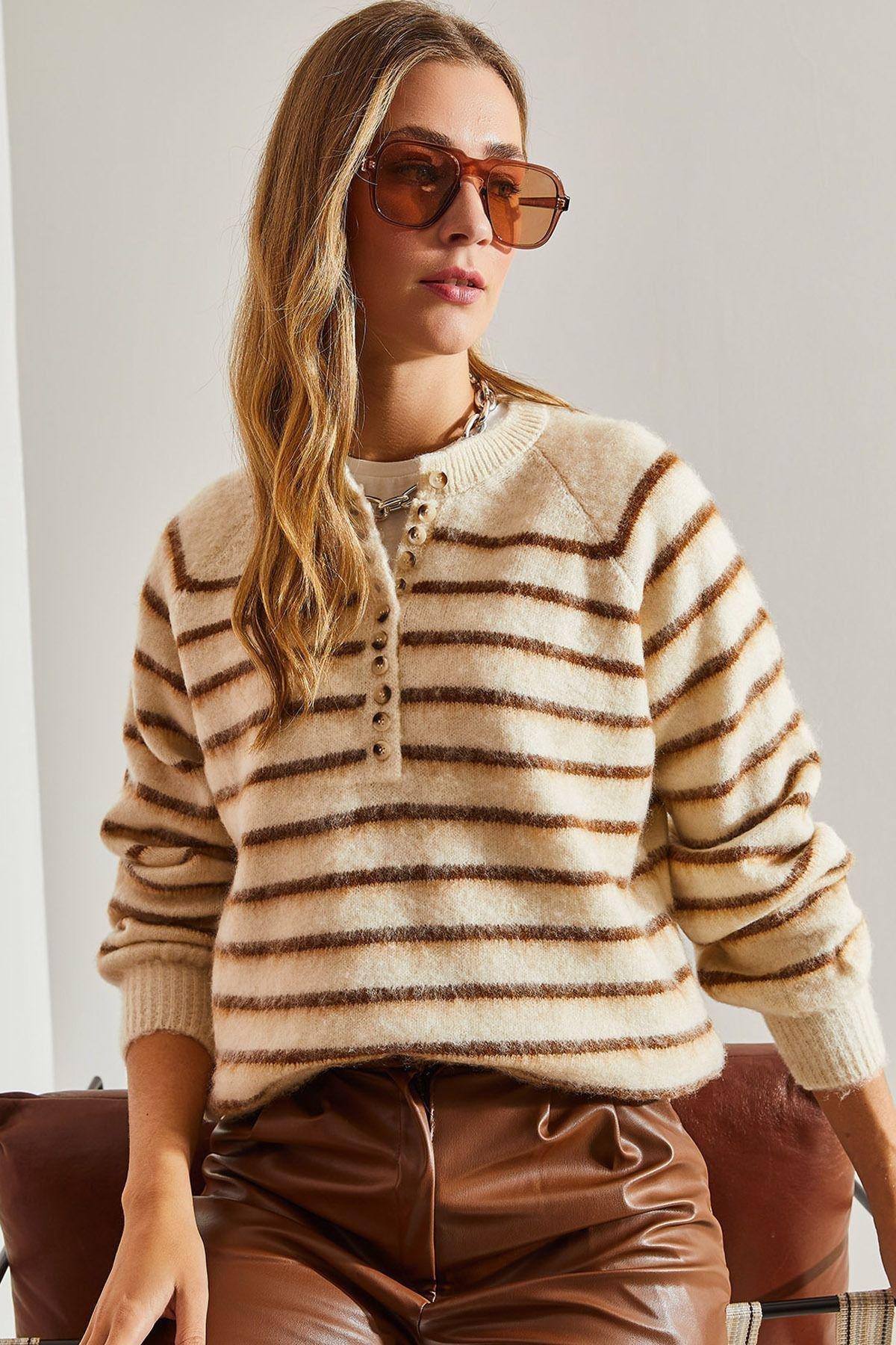 Multicolour Raised Striped Knitted Sweater, BEIGE-BROWN, large image number 0