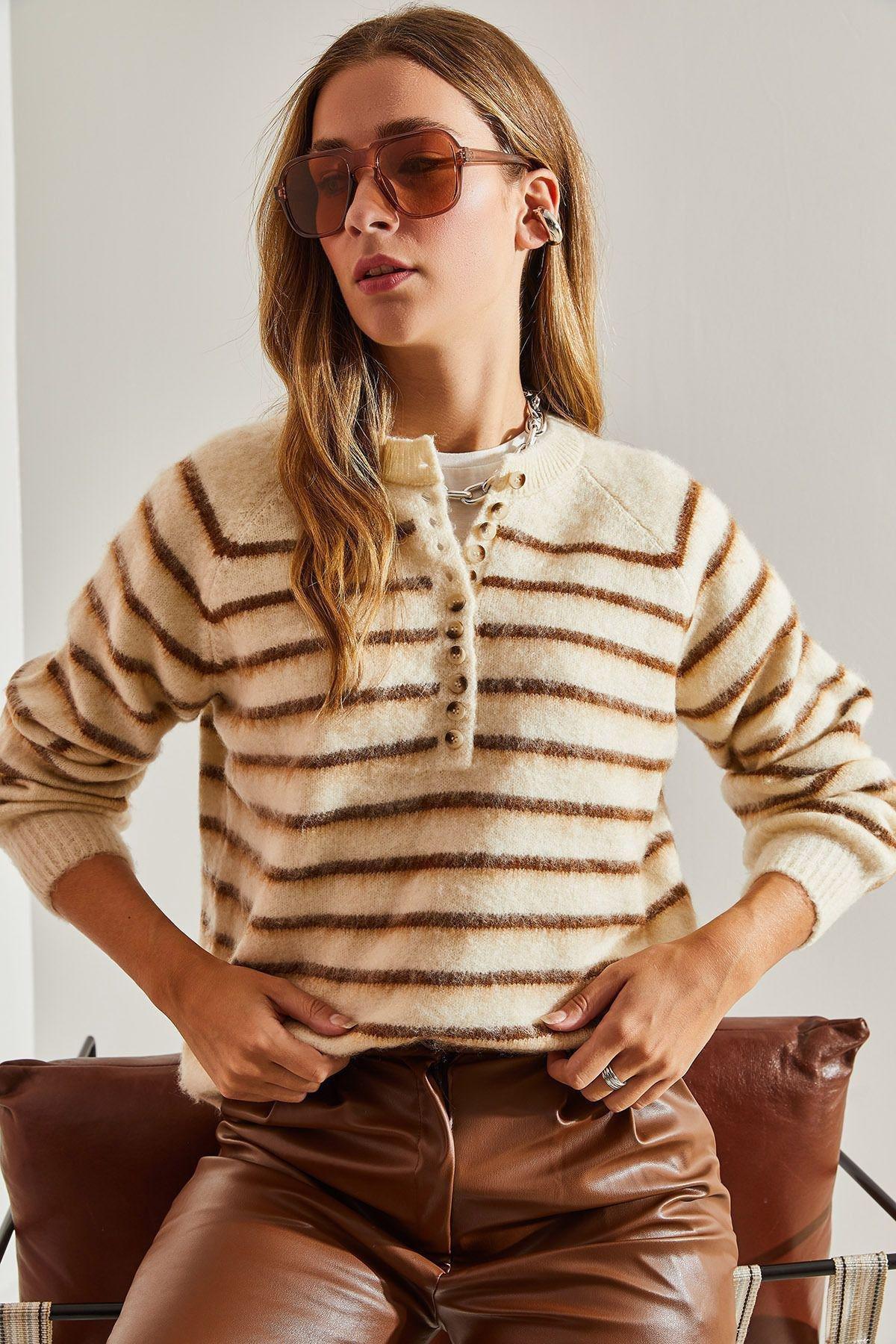 Multicolour Raised Striped Knitted Sweater, BEIGE-BROWN, large image number 1