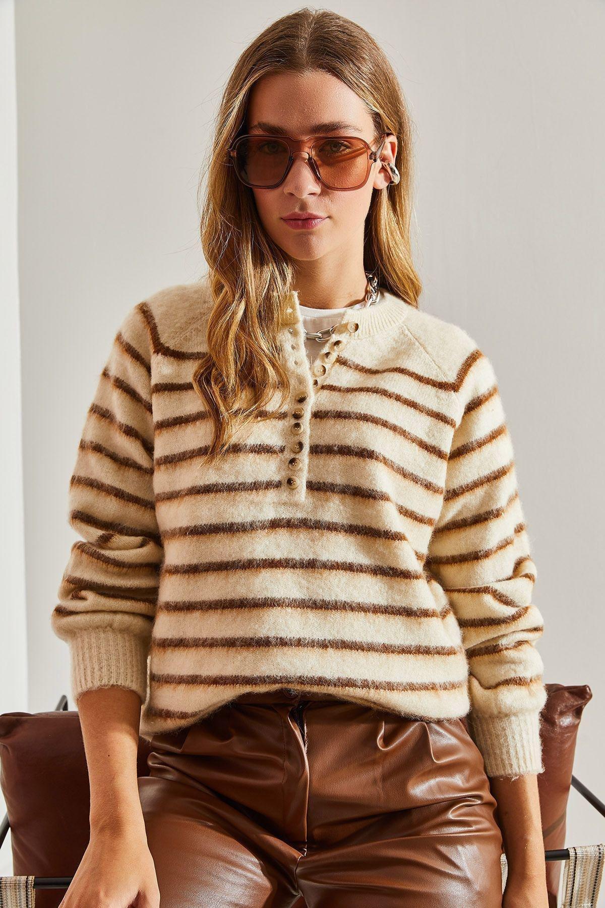 Multicolour Raised Striped Knitted Sweater, BEIGE-BROWN, large image number 2